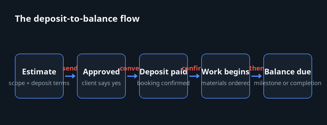 Timeline of the deposit flow from estimate to balance, with booking confirmed on deposit payment