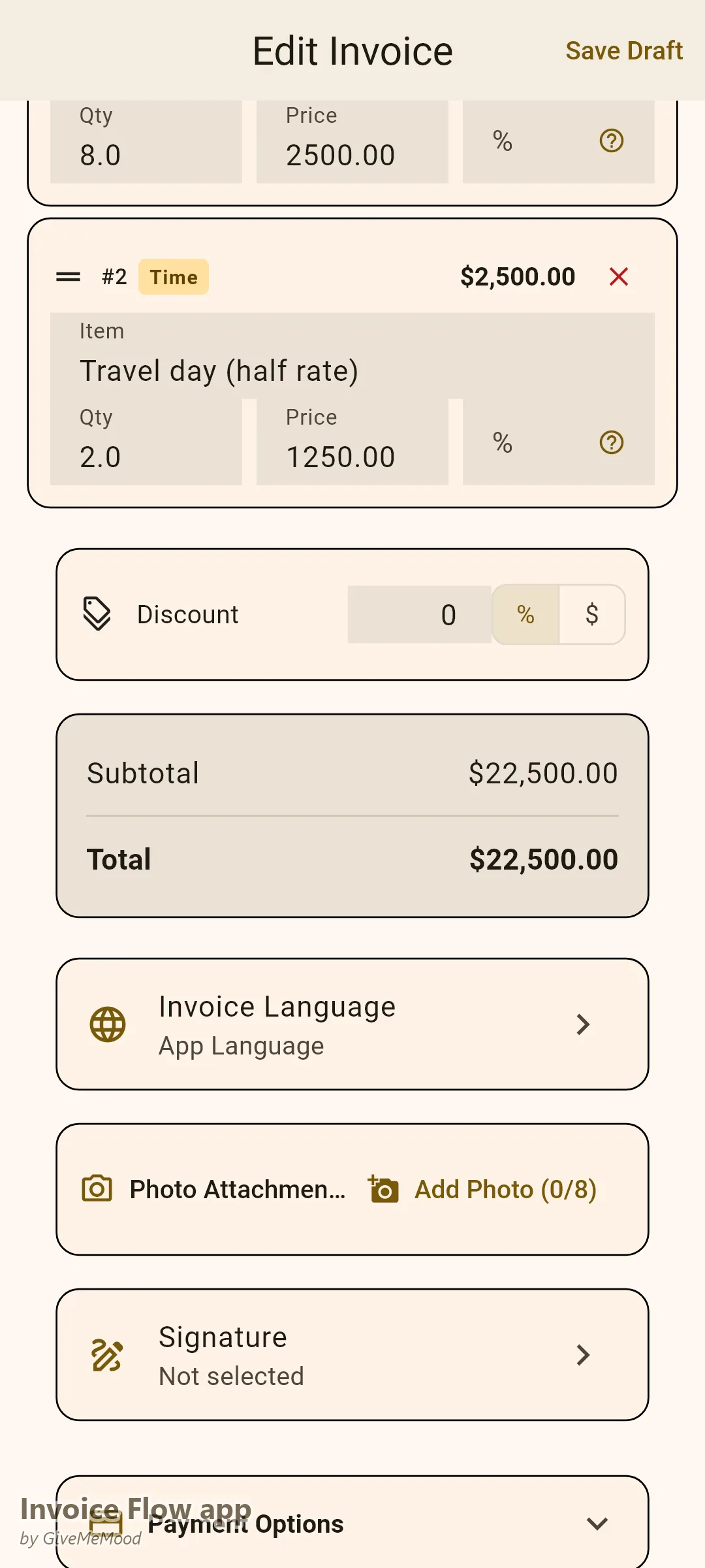 Invoice Flow app invoice editor with consulting day-rate line items — 8 days at 2,500 dollars plus travel days at half rate, totalling 22,500 dollars