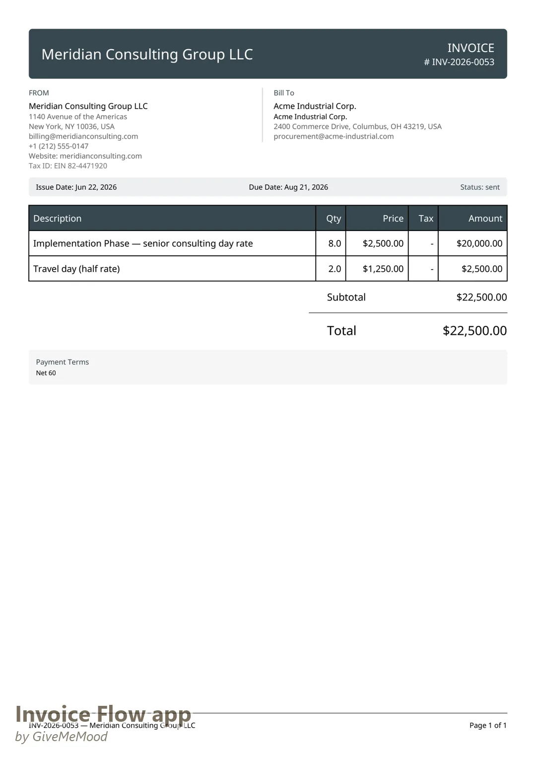Corporate-grade consulting invoice PDF from Invoice Flow app — Professional template in Charcoal with letterhead, tax ID and Net 60 payment terms
