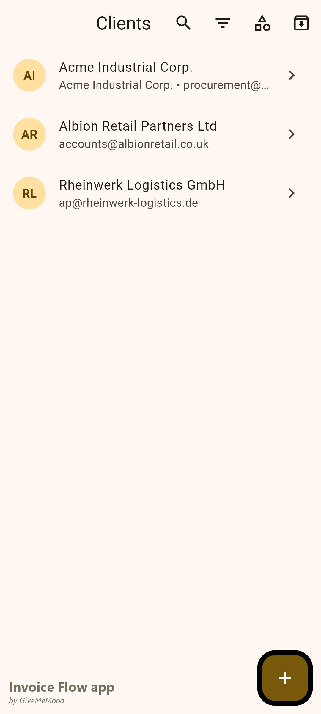 Invoice Flow app client list of an independent consultant with corporate clients in the US, Germany and the UK, each billed in their own currency