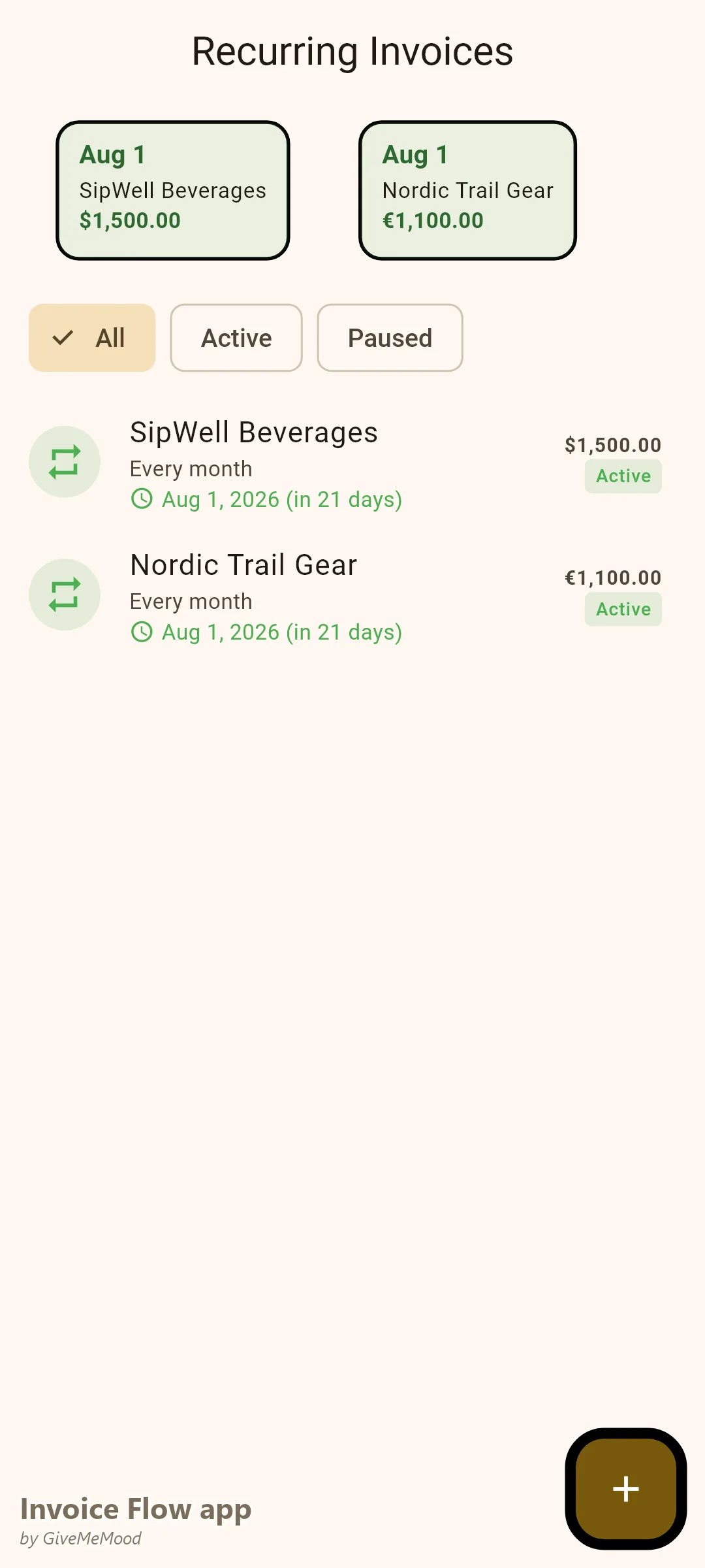 Invoice Flow app recurring invoices with two monthly brand ambassador retainers in USD and EUR, generated on the 1st of each month