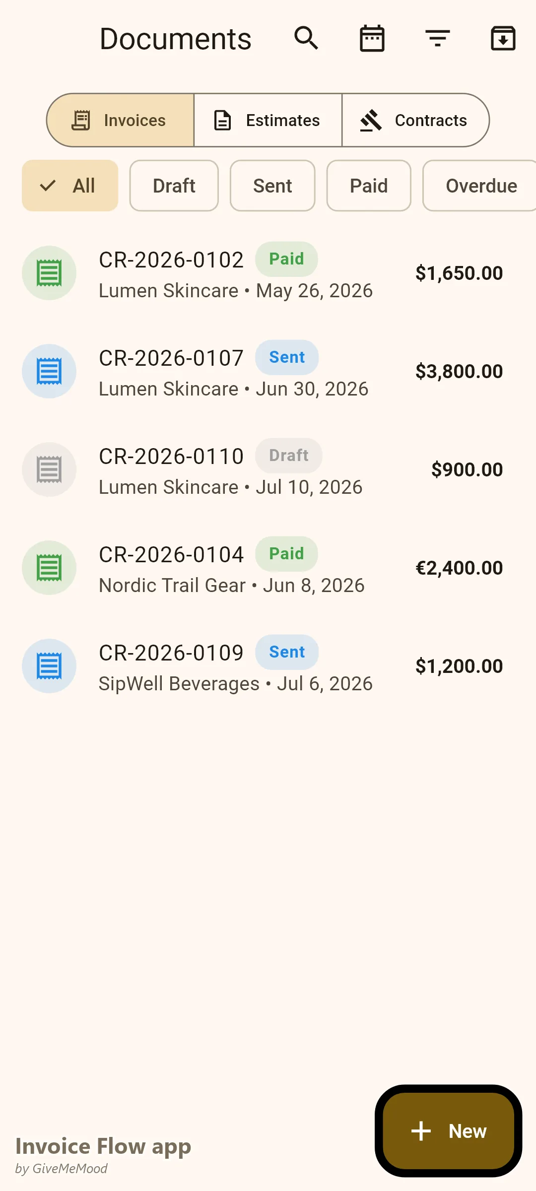 Invoice Flow app invoice list of a content creator — paid campaign kickoff, sent deliverables invoice, draft wrap-up and international brand deals in USD and EUR