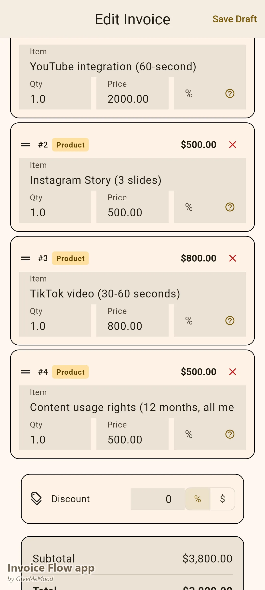Invoice Flow app invoice editor with creator campaign deliverables as line items — YouTube integration, Instagram Story, TikTok video and 12-month content usage rights