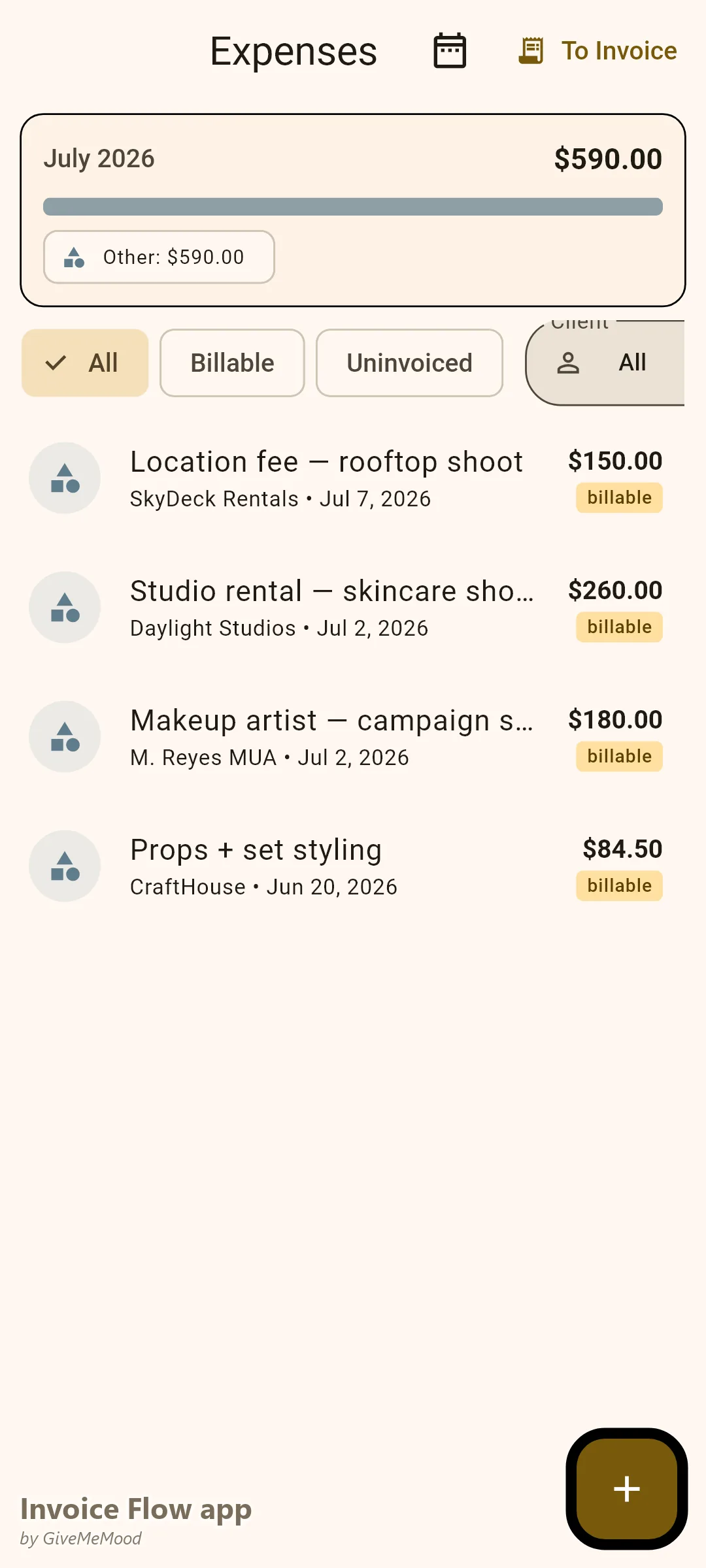 Invoice Flow app expense tracker with billable production costs of a content creator — studio rental, makeup artist, props and location fees tagged to brand clients