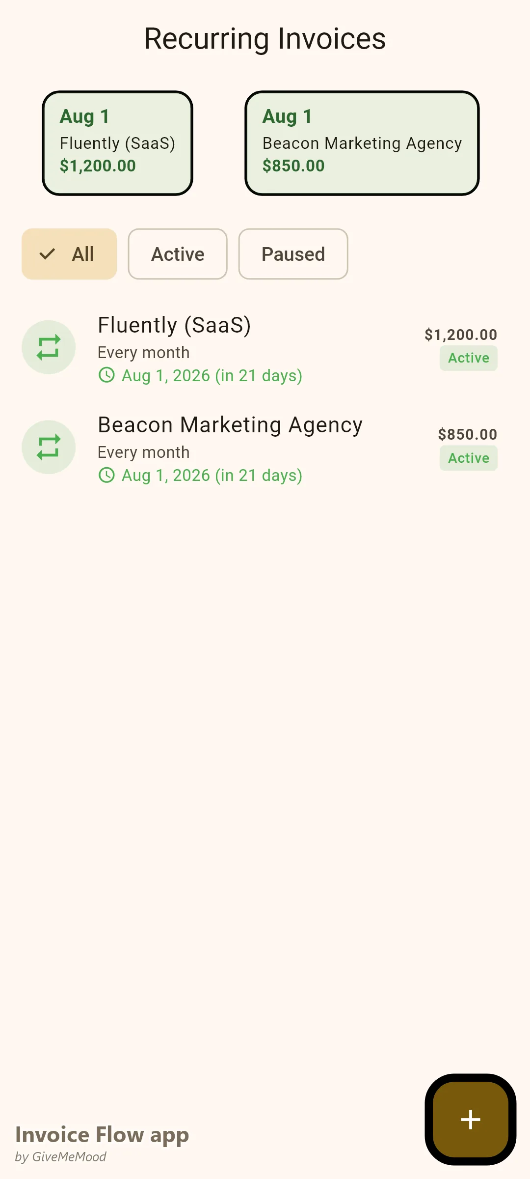 Invoice Flow app recurring invoices with monthly blog package and email sequence retainers generating automatically