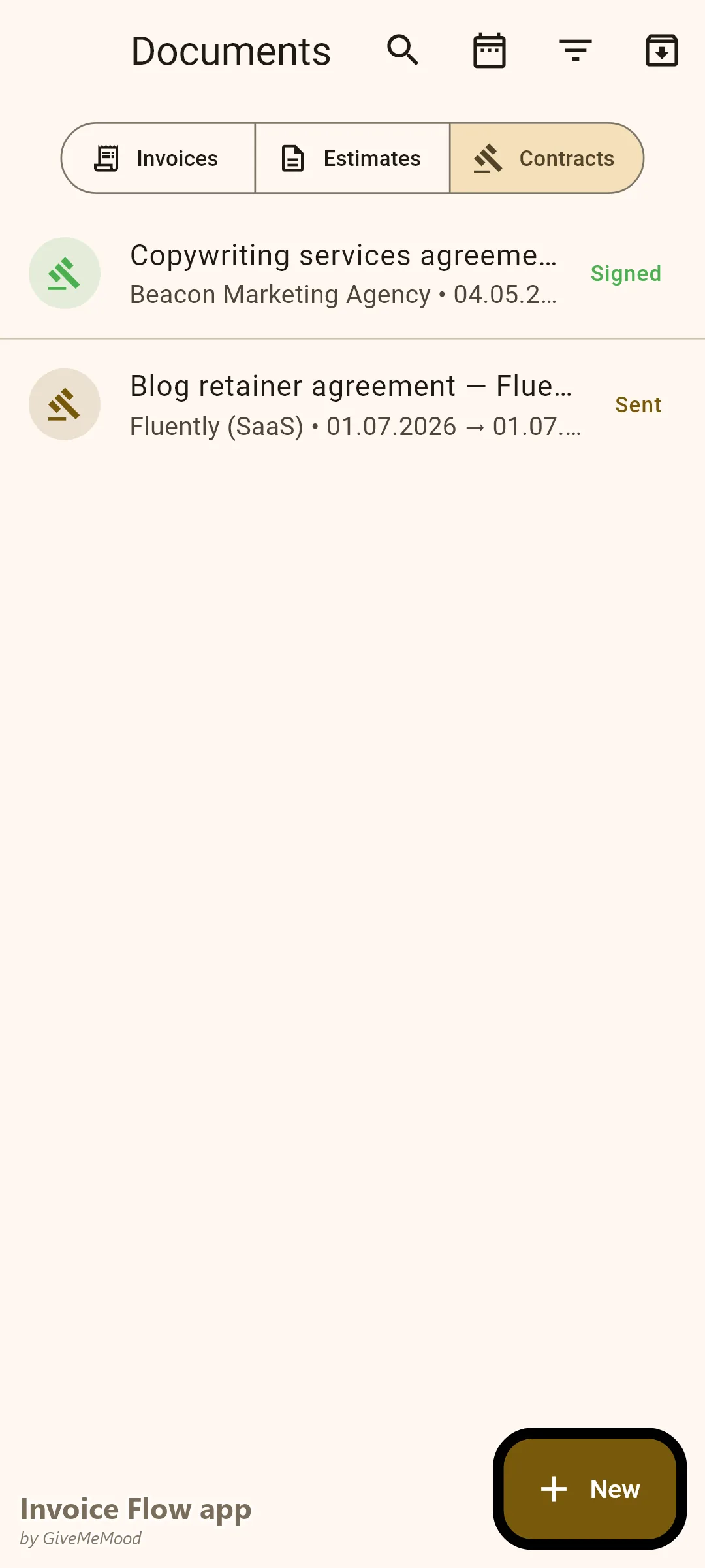 Invoice Flow app contracts screen with a signed copywriting services agreement covering revision limits and a sent blog retainer agreement