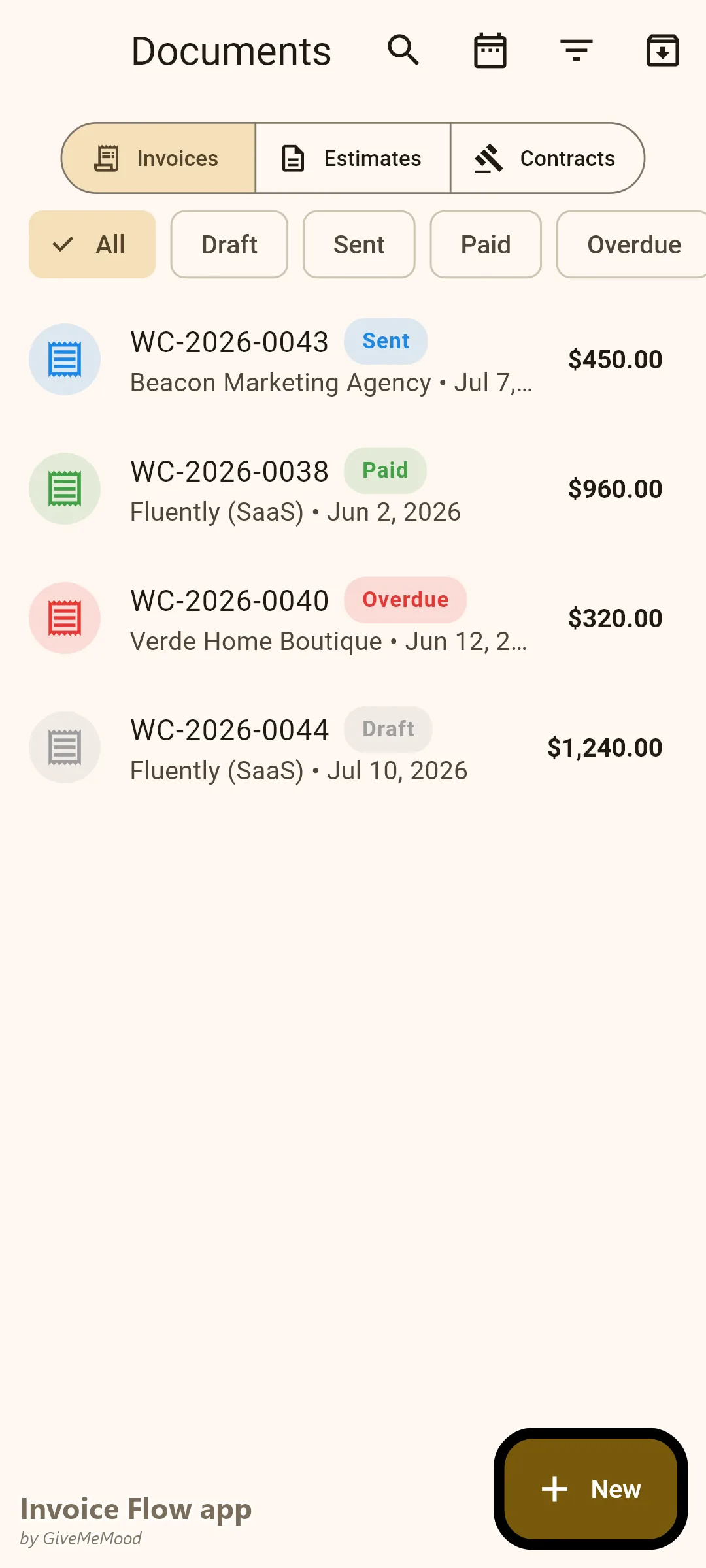 Invoice Flow app invoice list of a freelance copywriter with paid, sent, overdue and draft invoices across different clients