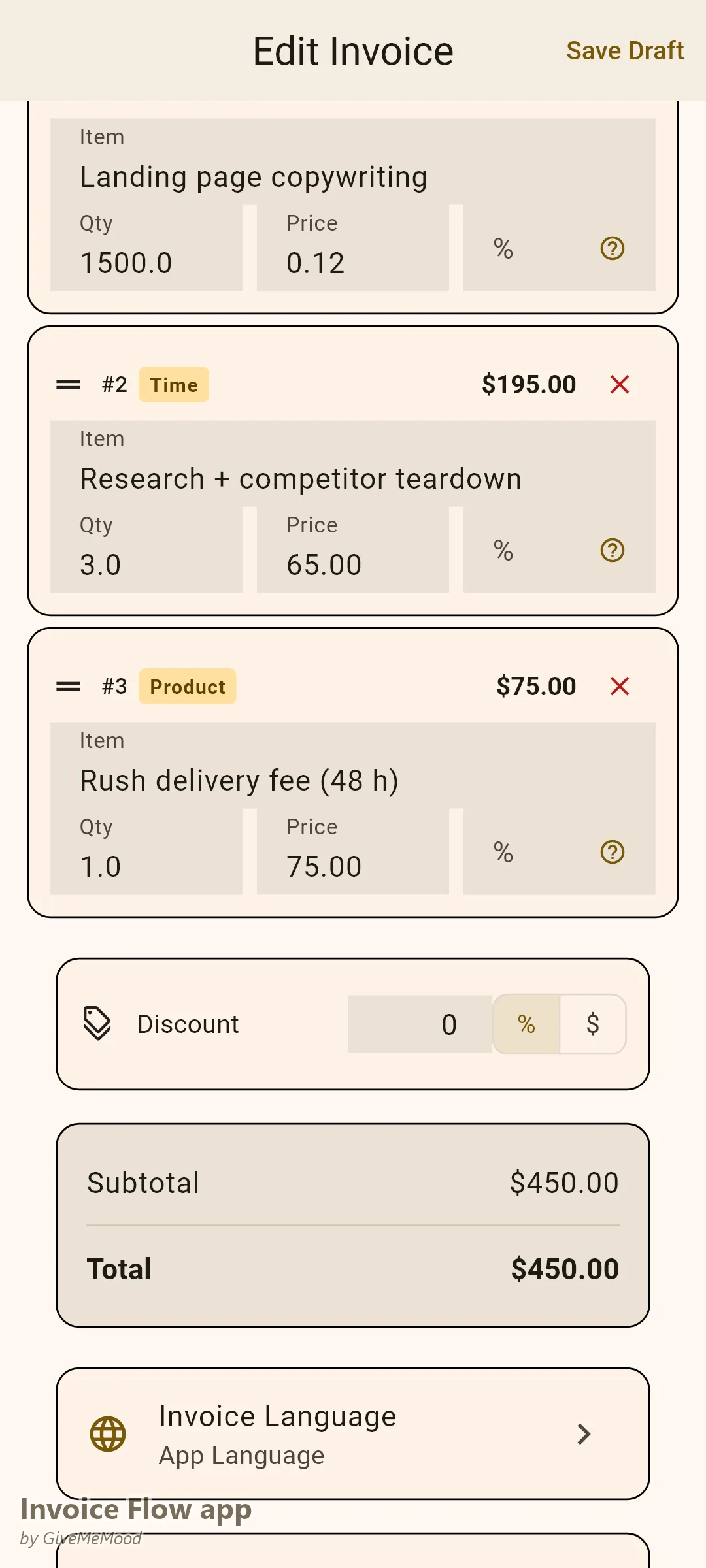 Invoice Flow app invoice editor for a copywriter — landing page copy billed per word, research per hour and a flat rush fee on one invoice