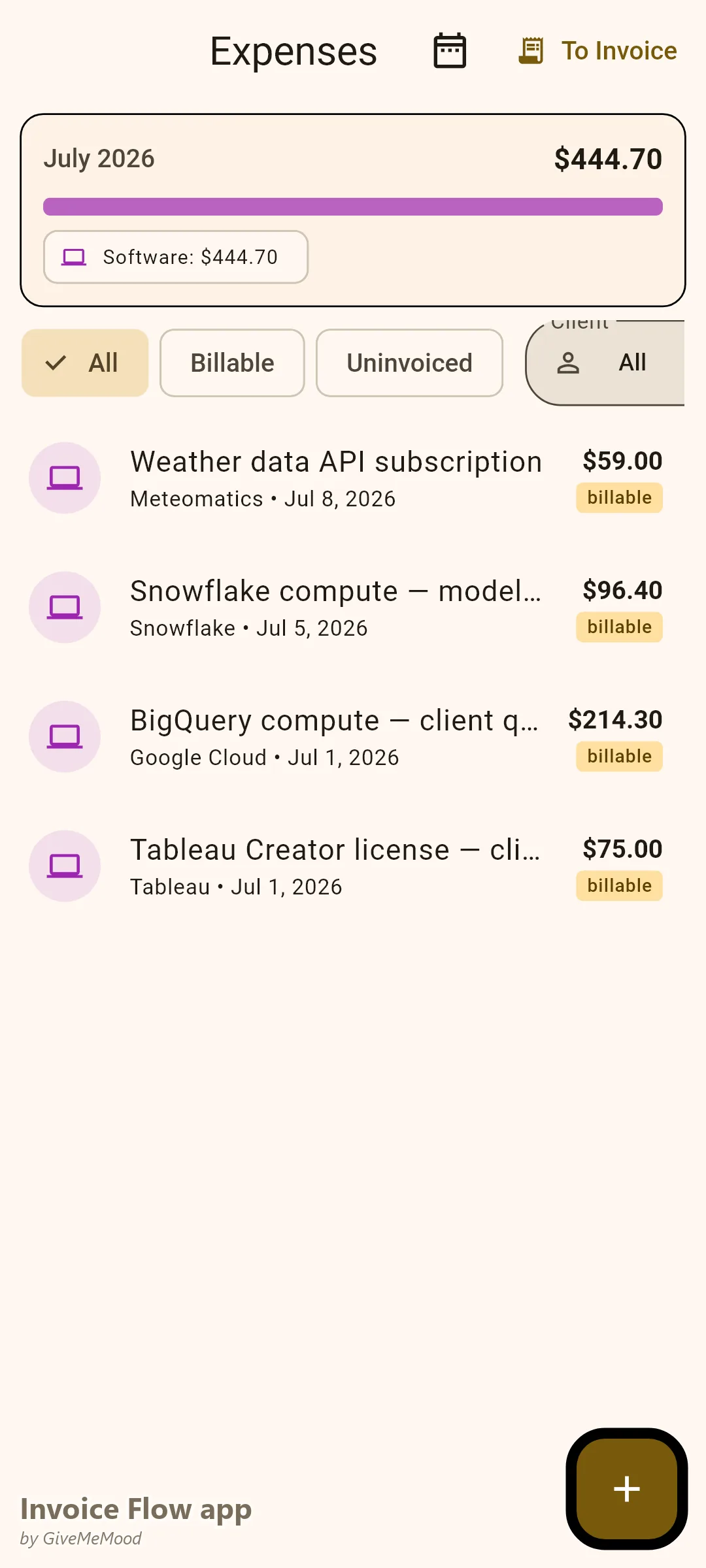 Invoice Flow app expense tracker with billable cloud and tool costs — BigQuery compute, Snowflake credits, Tableau license and a data API subscription