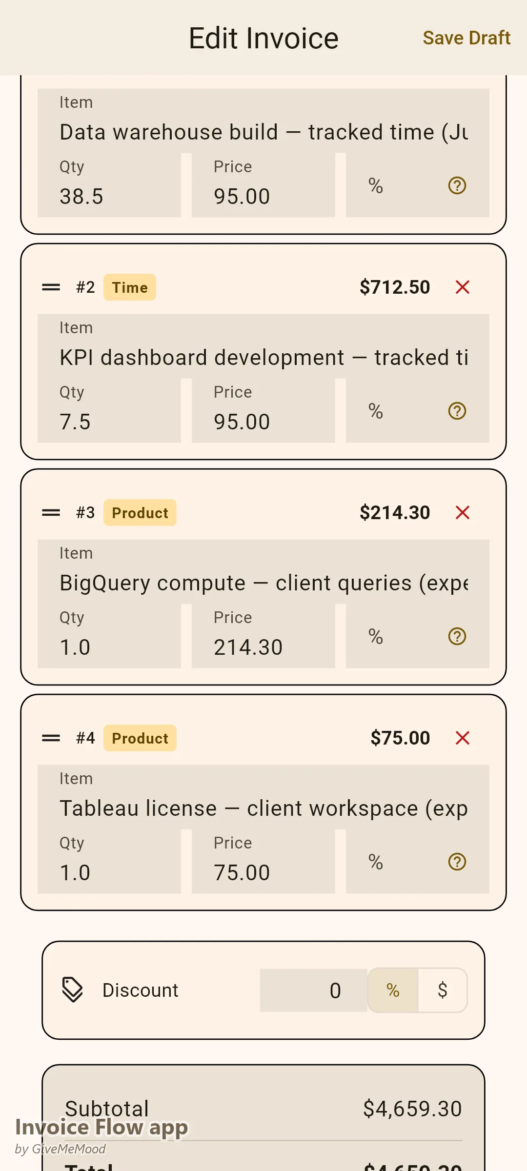 Invoice Flow app invoice editor with a month of data consulting — tracked warehouse and dashboard hours plus cloud compute and license expenses