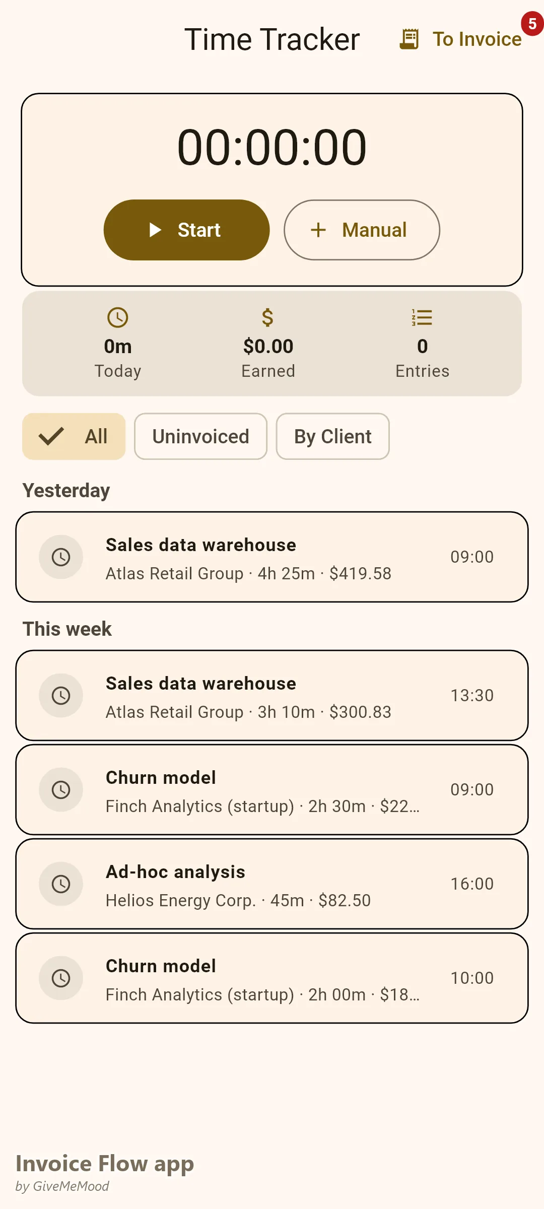 Invoice Flow app time tracker of a freelance data analyst — sessions across a data warehouse build, churn model work and consulting calls, each linked to a client and project