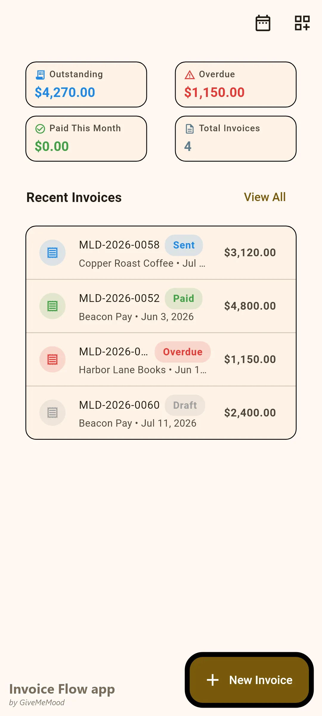 Invoice Flow app dashboard of a graphic designer — outstanding and overdue totals, paid this month and recent invoices with statuses