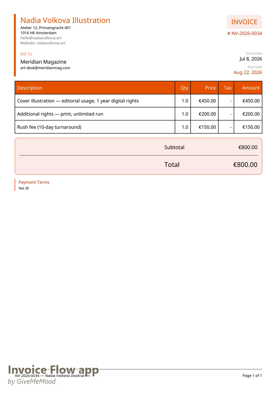 Illustration invoice PDF generated by Invoice Flow app with the Creative template — atelier letterhead and itemized usage rights, print license and rush fee in EUR