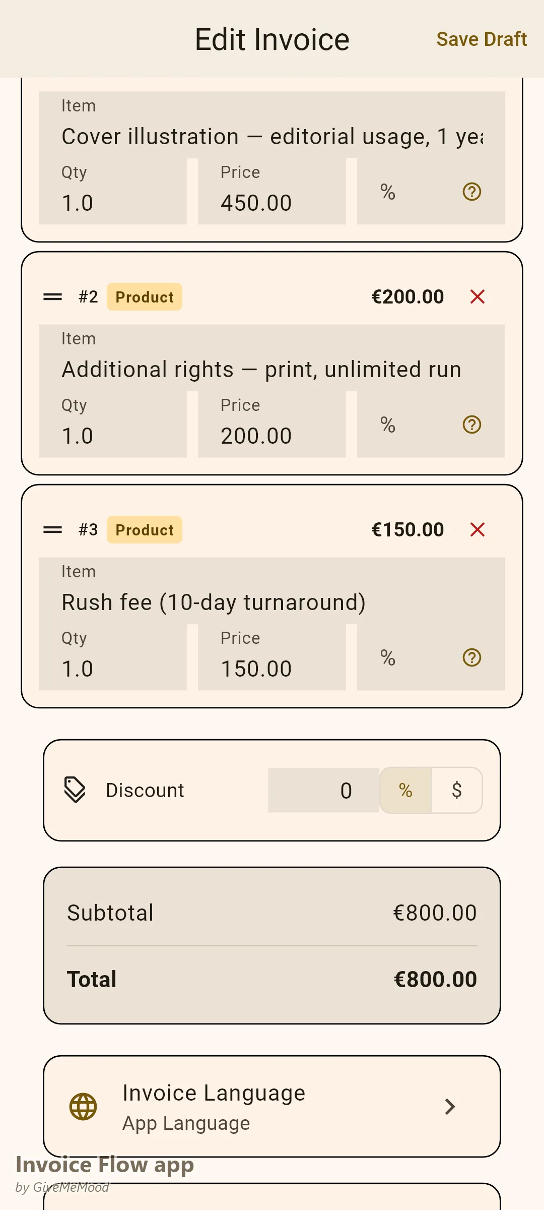 Invoice Flow app invoice editor of an illustrator — editorial cover illustration with 1-year digital rights, a separate print-rights line and a rush fee