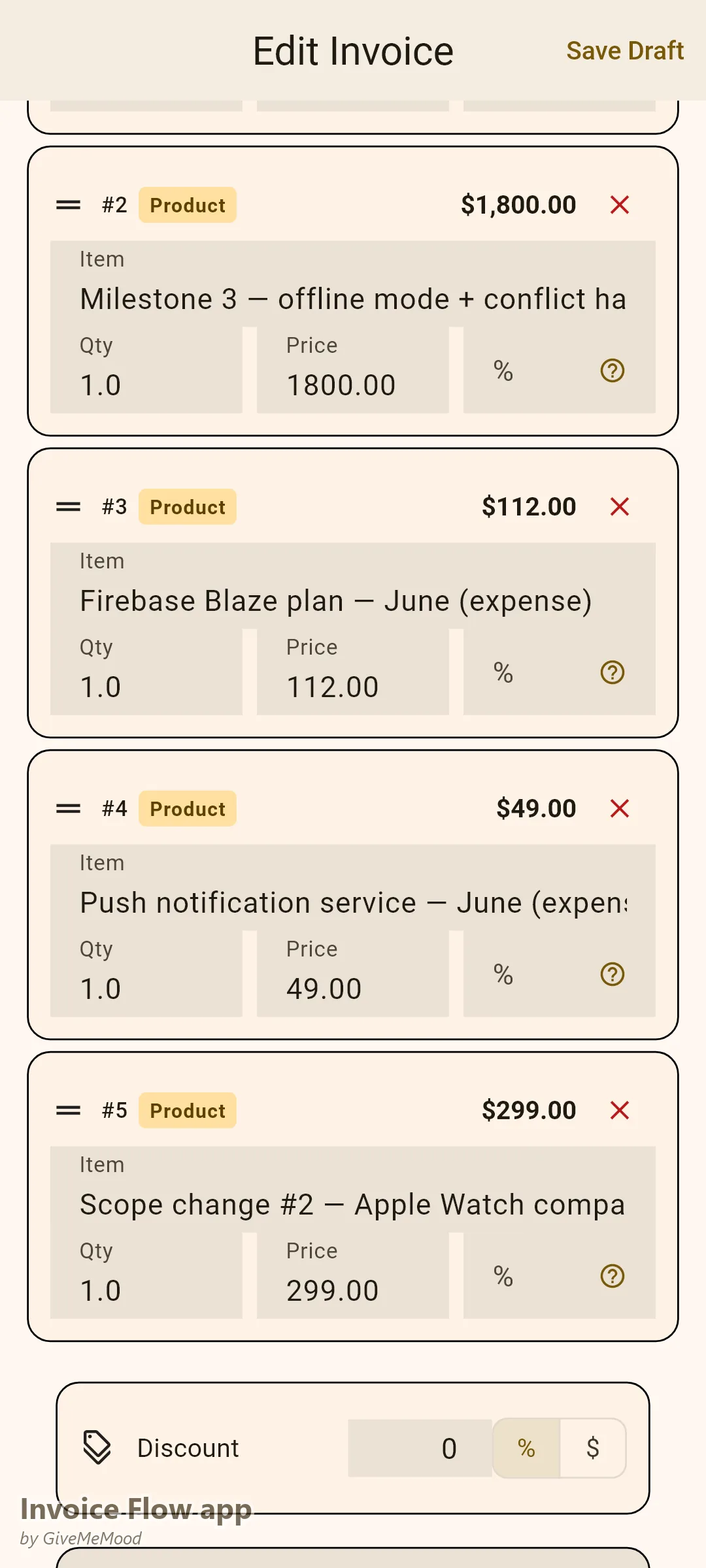 Invoice Flow app invoice editor with a backend-integration milestone, Firebase and push-service passthrough costs and a documented scope-change line item