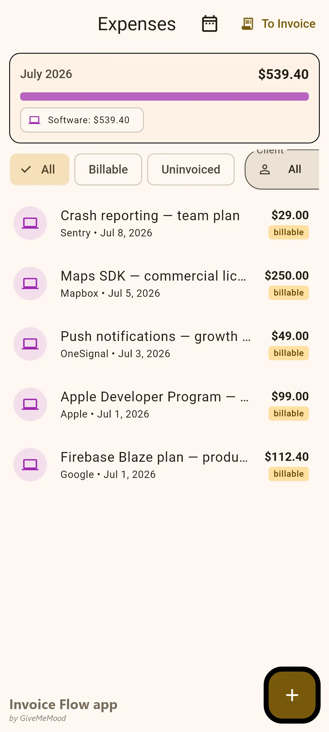 Invoice Flow app expense tracker of a mobile developer — billable Apple Developer Program, Firebase, push notifications, Maps SDK and crash reporting costs