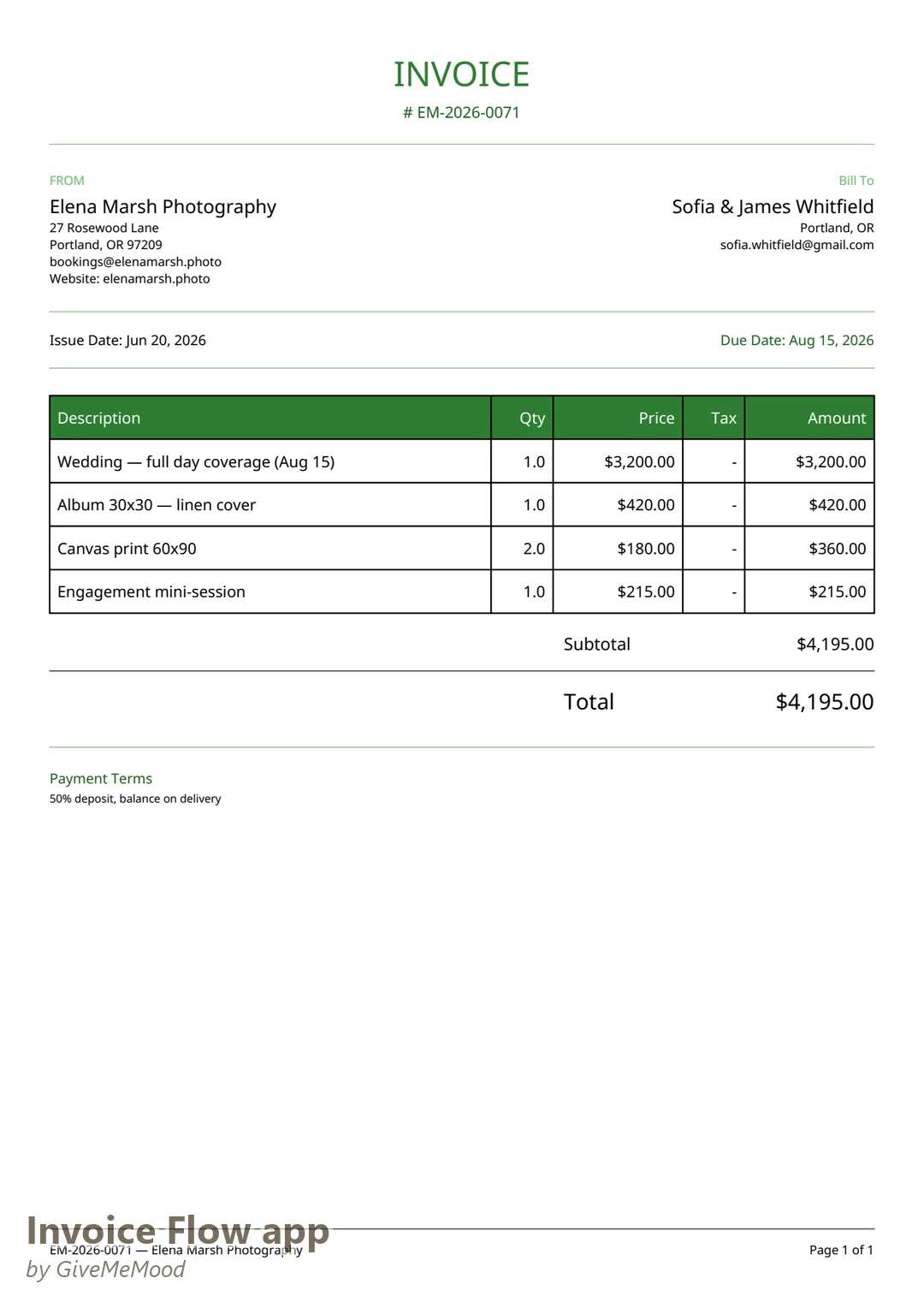 Wedding photography invoice PDF generated by Invoice Flow app with the Elegant template in Charcoal — full-day coverage, album, canvas prints and an engagement mini-session