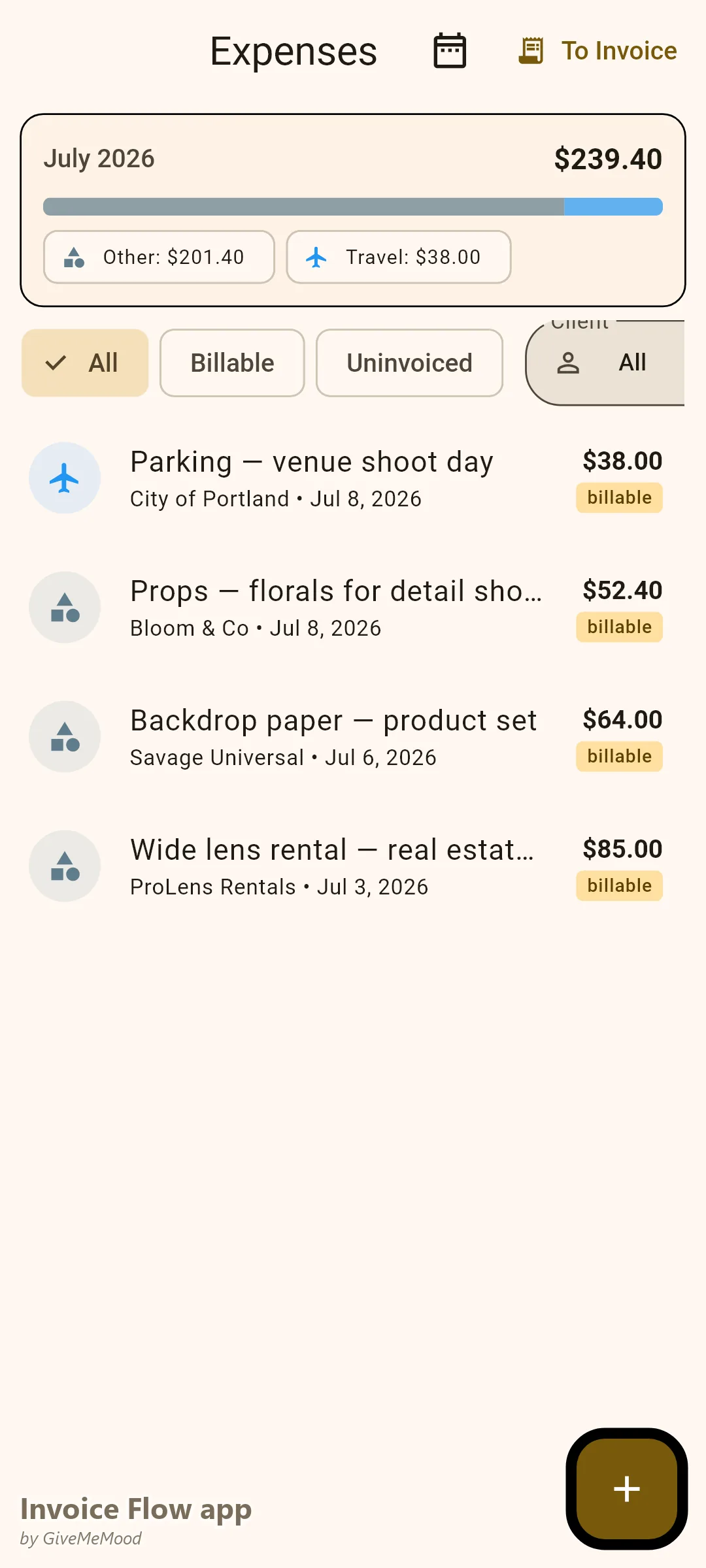 Invoice Flow app expense tracker of a photographer — parking at the venue, florals for detail shots, backdrop paper and a lens rental tagged billable
