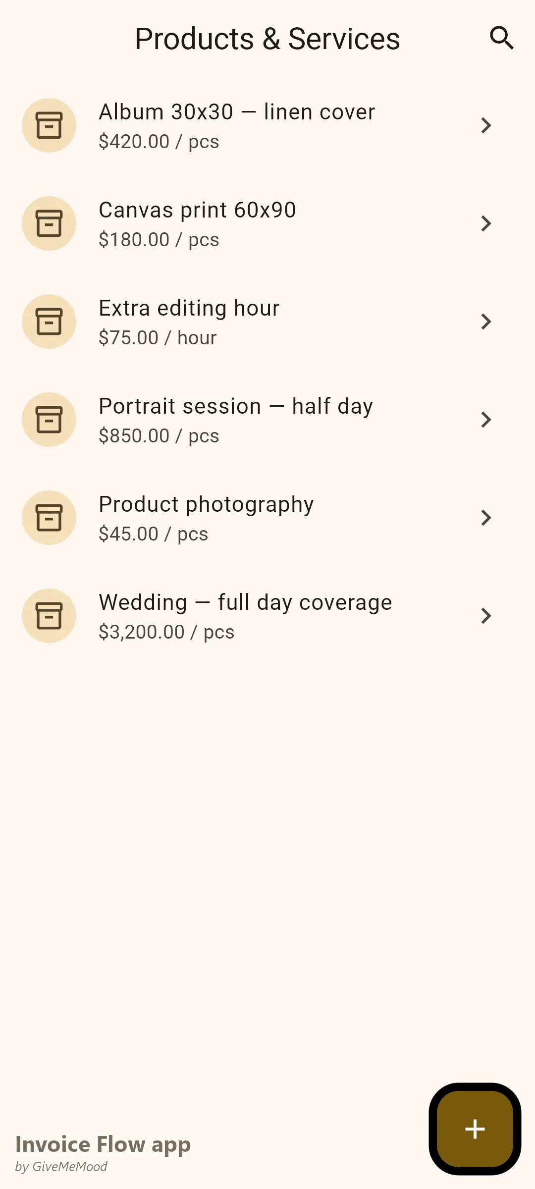 Invoice Flow app products screen of a photographer — wedding coverage, portrait sessions, albums, canvas prints and editing hours with preset prices