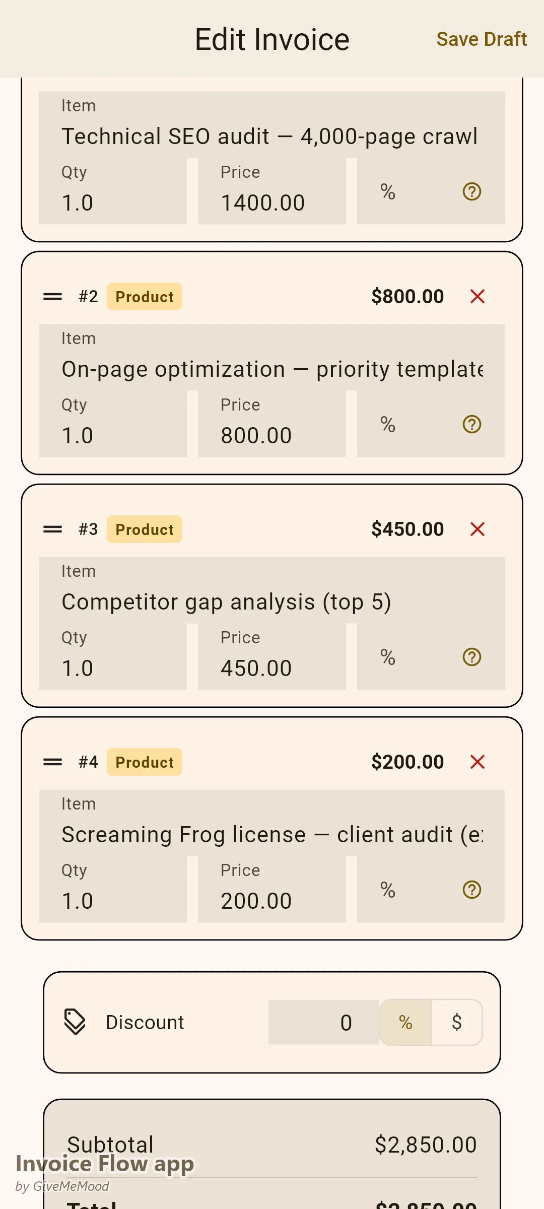 Invoice Flow app invoice editor with a technical SEO audit project — crawl, on-page optimization, competitor gap analysis and a tool license passed through