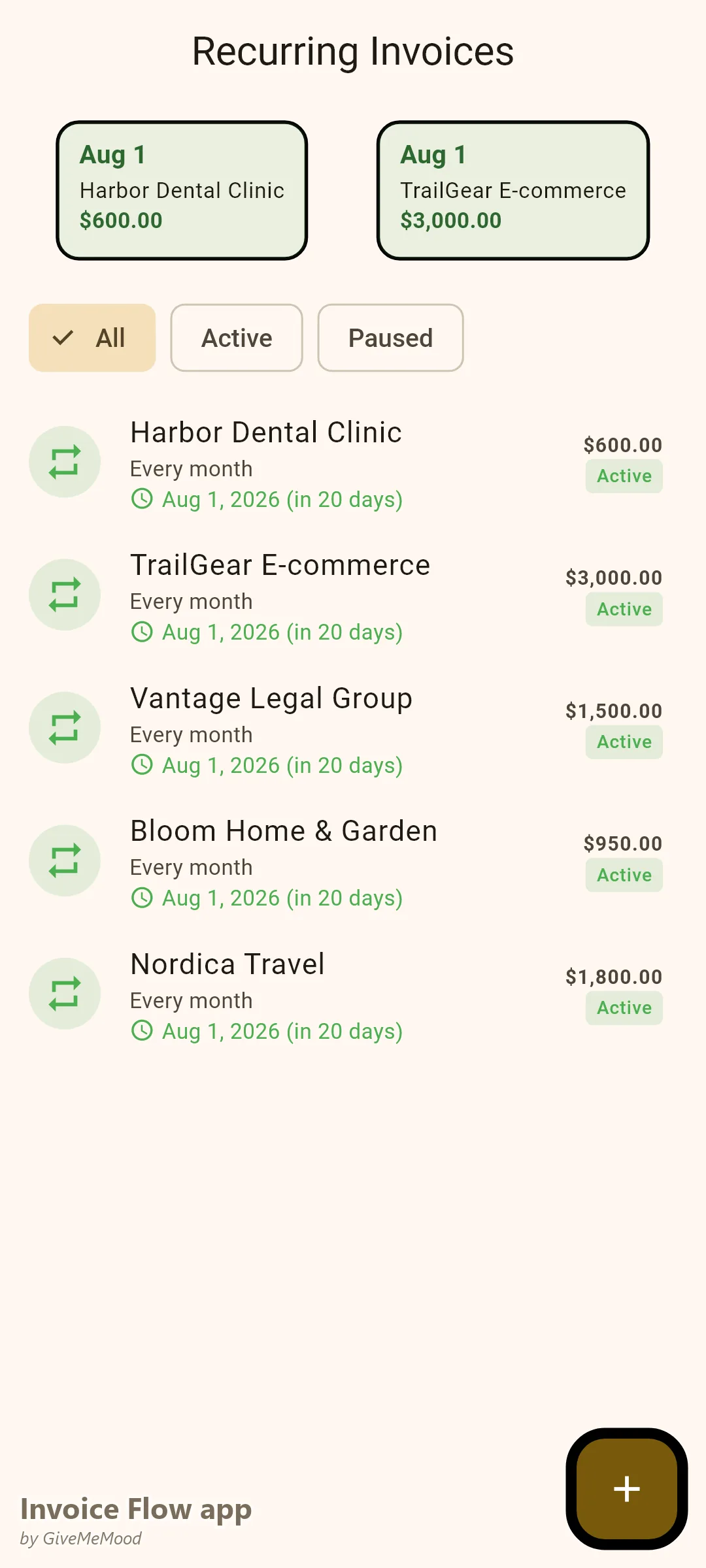 Invoice Flow app recurring invoices screen of an SEO consultant — five monthly retainers from 600 to 3,000 dollars, all generating on the 1st of the month