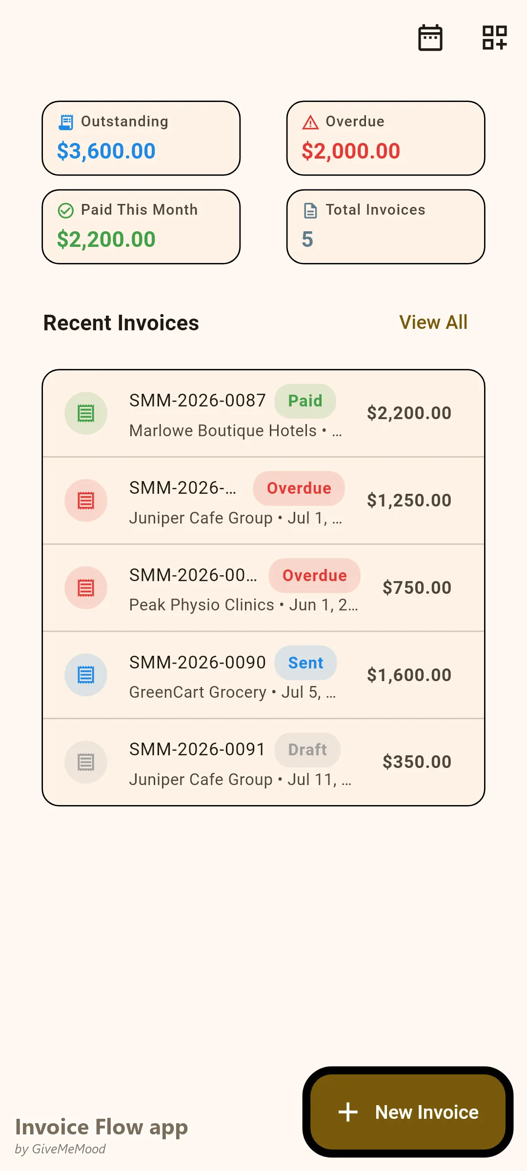 Invoice Flow app dashboard of a social media manager — outstanding and overdue totals and recent invoices with paid, sent and draft statuses