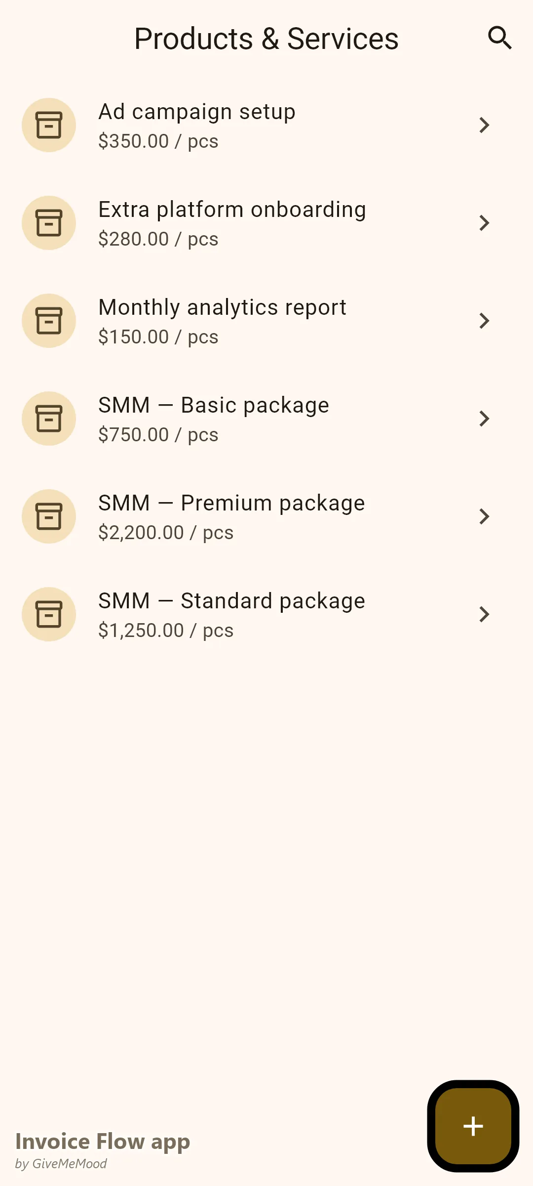 Invoice Flow app products screen with SMM packages — basic, standard and premium tiers plus ad campaign setup, analytics reports and platform onboarding