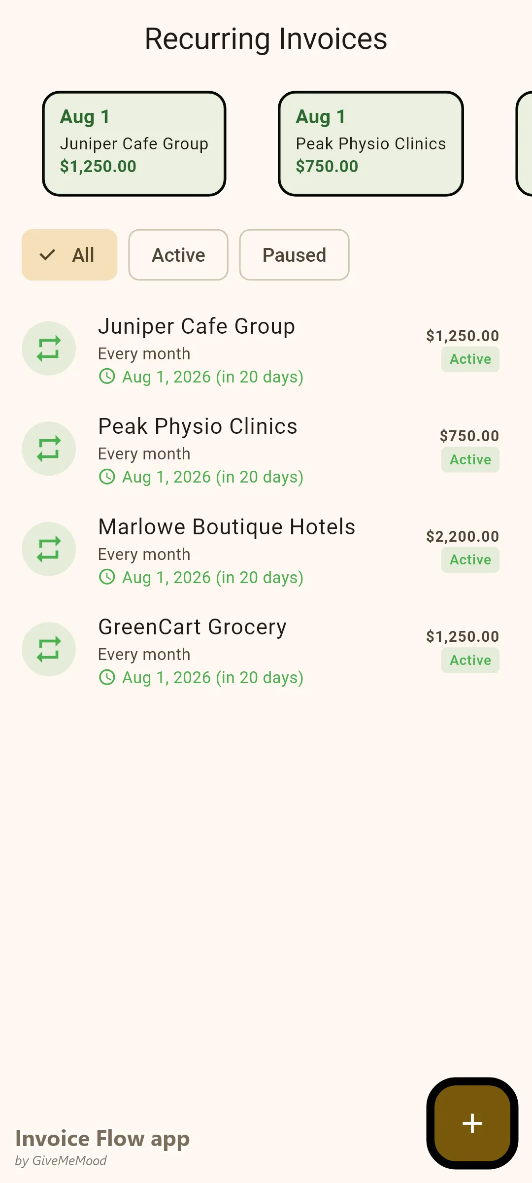 Invoice Flow app recurring invoices of a social media manager — four monthly retainer packages generating automatically on the 1st