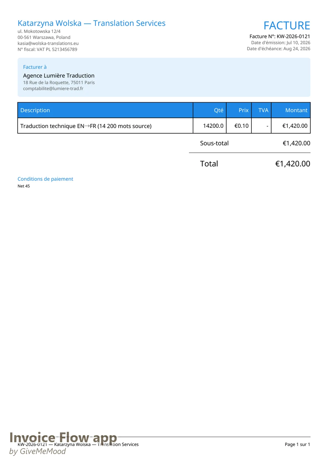 Invoice PDF for a Paris agency generated by Invoice Flow app with all labels in French — FACTURE, Facturer à, Qté, TVA, Sous-total