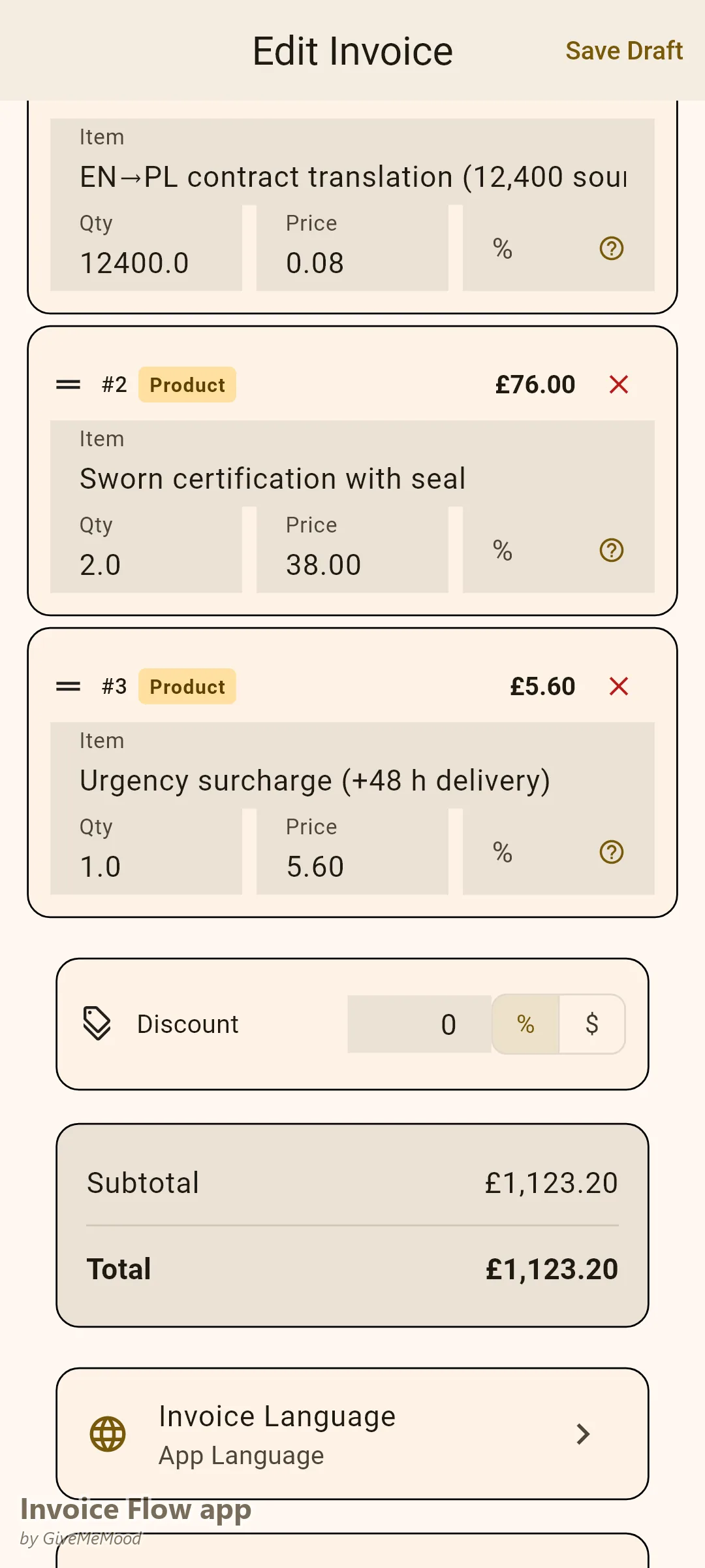 Invoice Flow app invoice editor of a translator — 12,400 source words at a per-word rate, sworn certification per page and an urgency surcharge in GBP