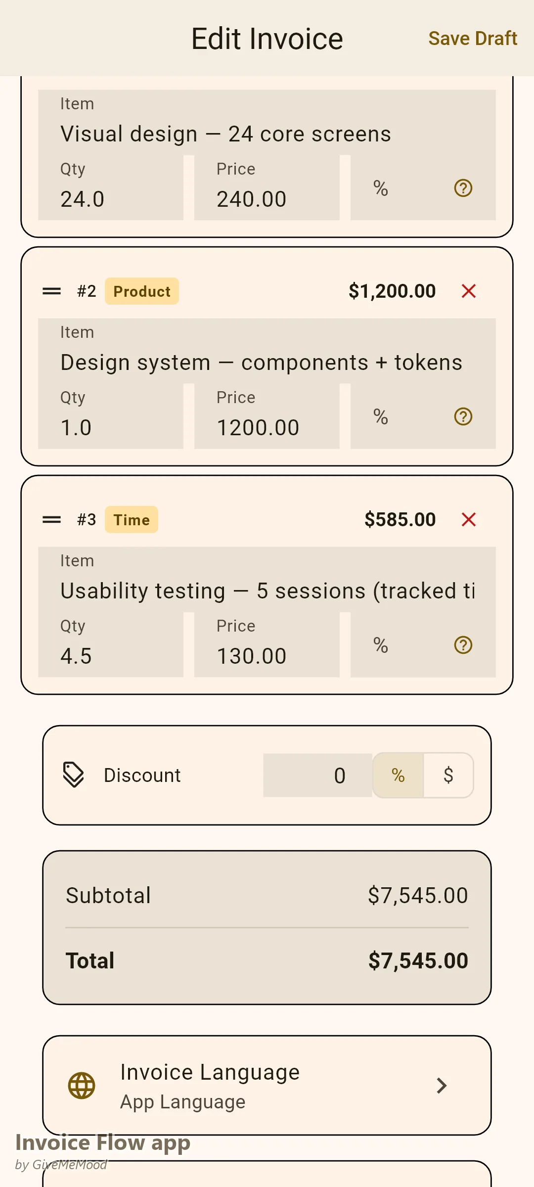 Invoice Flow app invoice editor of a UX designer — 24 screens at a per-screen rate, a design system deliverable and tracked usability-testing hours