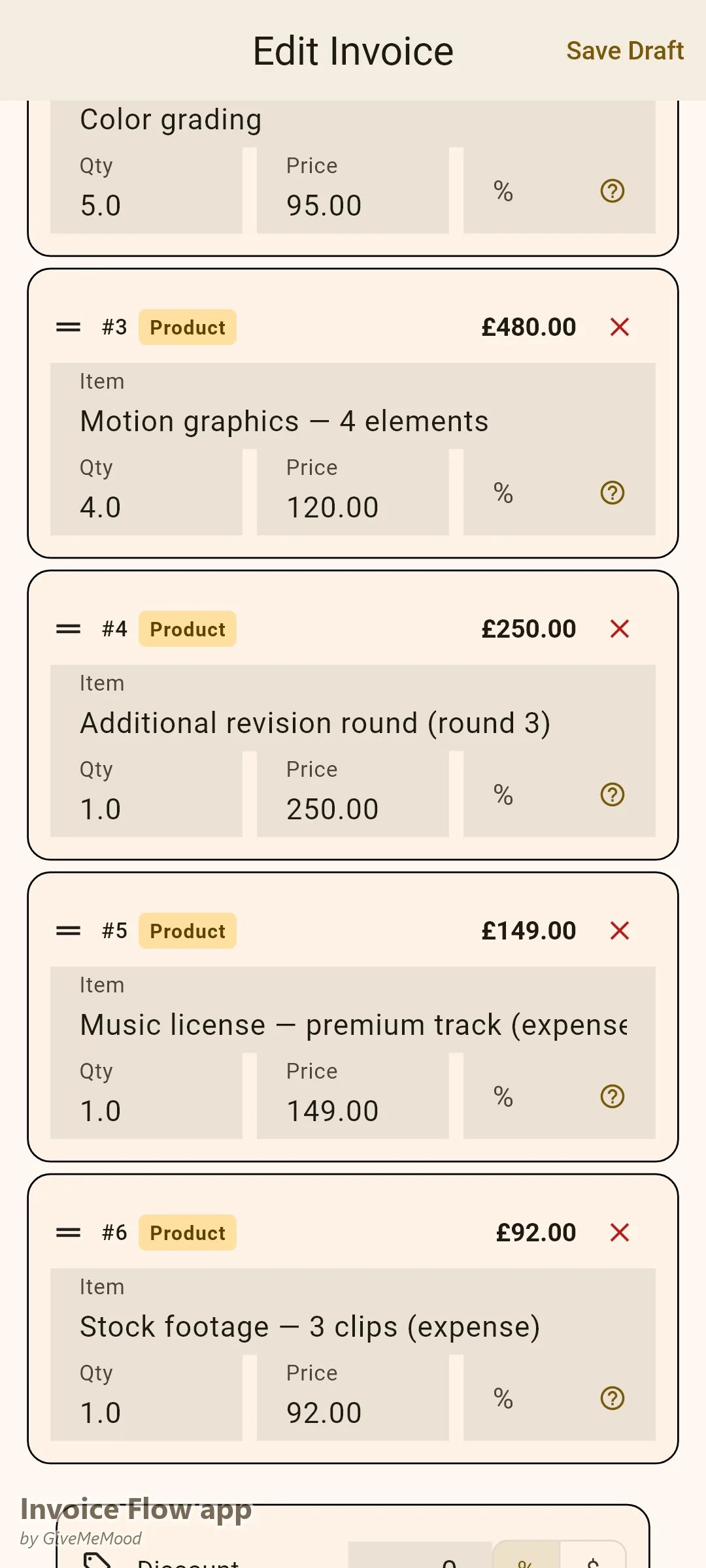 Invoice Flow app invoice editor of a video editor — per-minute editing, color grading hours, motion graphics, a billed third revision round plus license passthrough in GBP