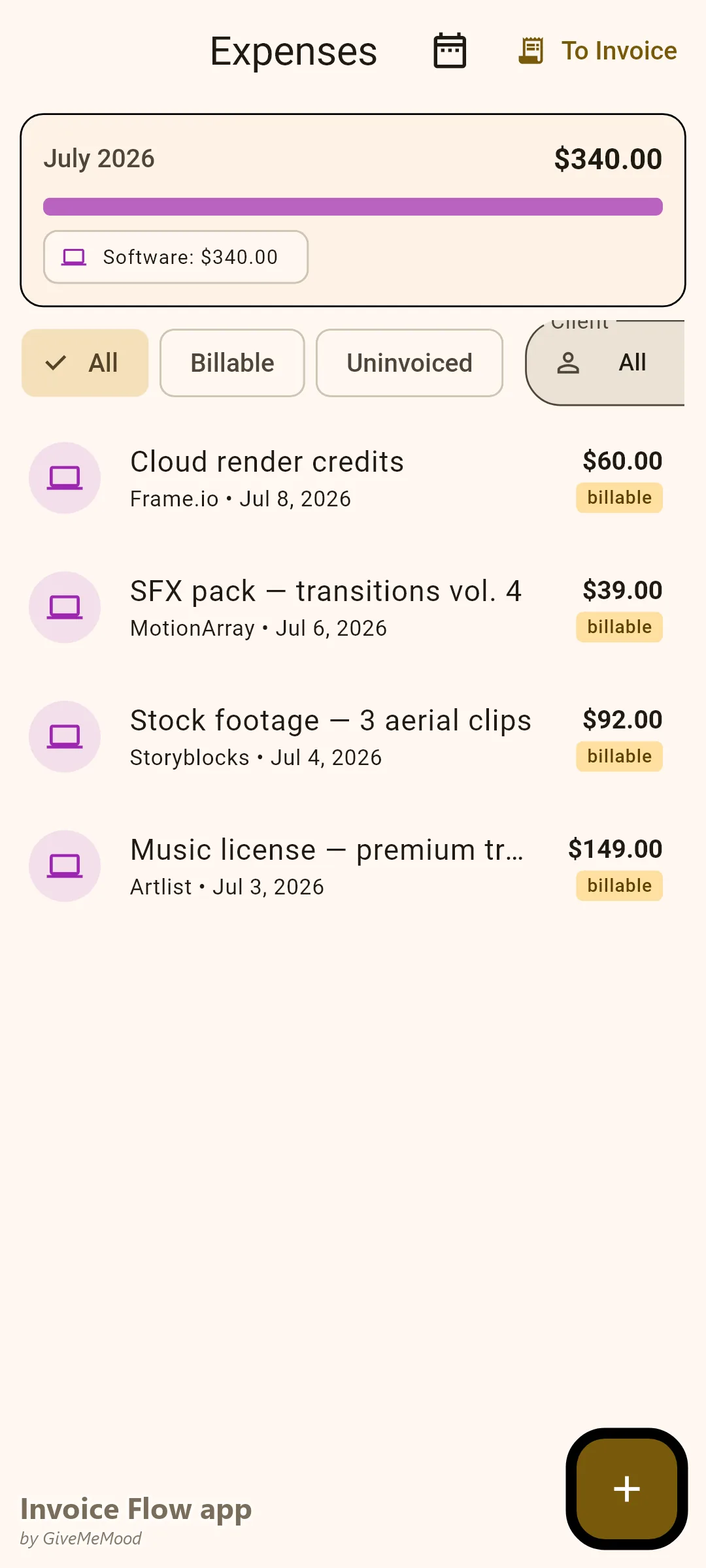 Invoice Flow app expense tracker of a video editor — billable premium music license, stock aerial clips, an SFX pack and cloud render credits