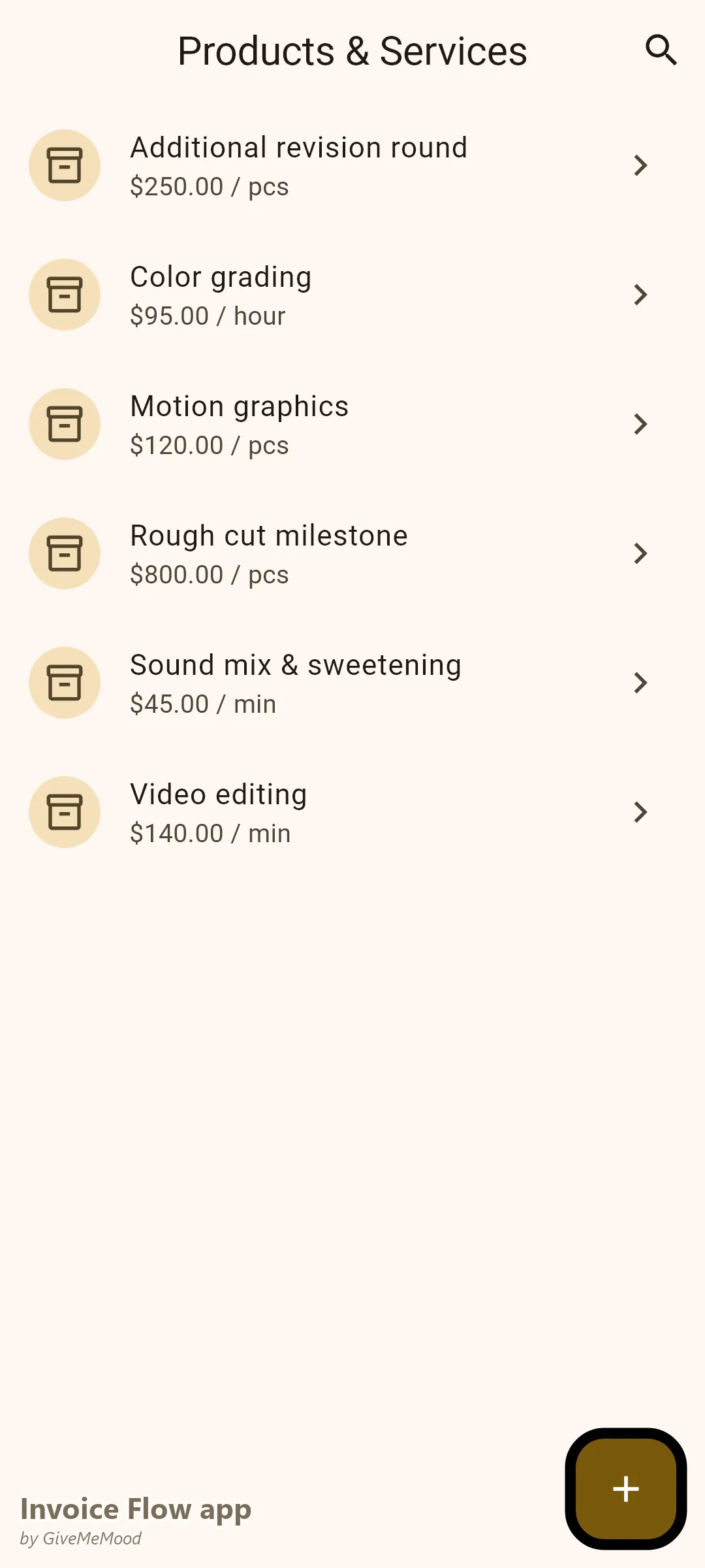 Invoice Flow app products screen of a video editor — editing per finished minute, color grading per hour, motion graphics per element and milestone fees