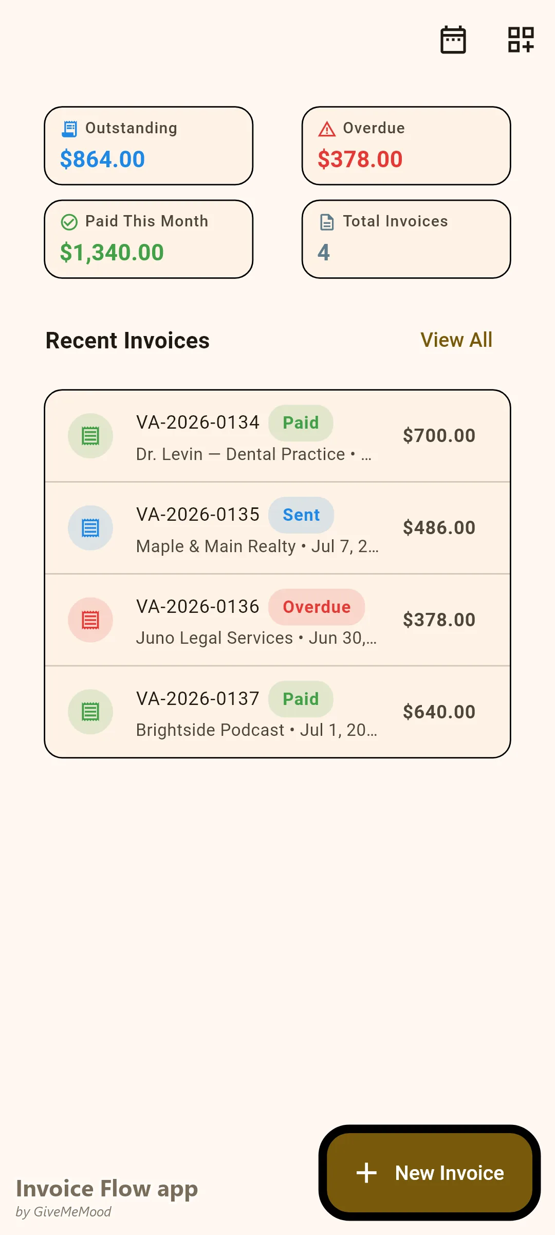 Invoice Flow app dashboard of a virtual assistant — outstanding and overdue totals plus recent invoices across five clients