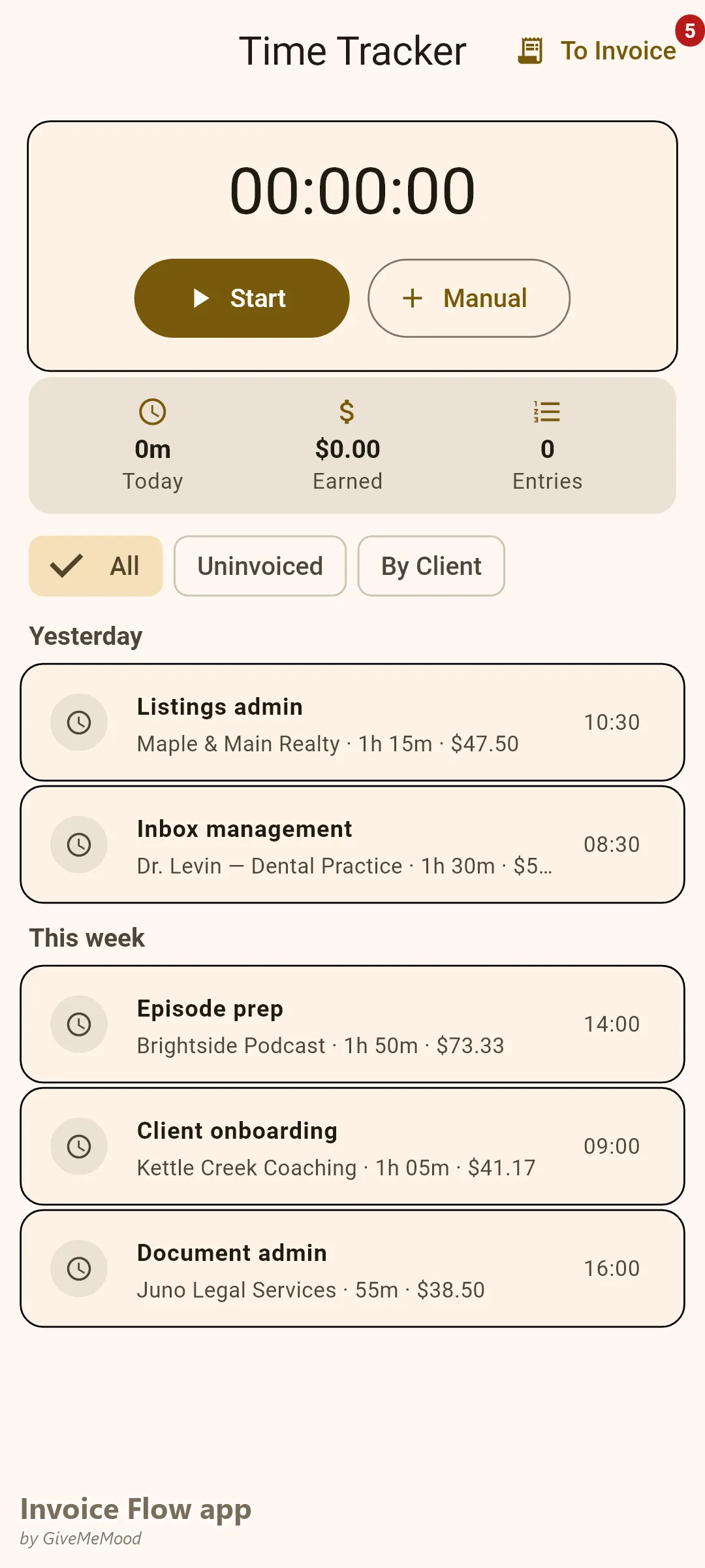 Invoice Flow app time tracker of a virtual assistant — inbox triage, MLS updates, podcast prep, CRM onboarding and legal admin, each on its own client