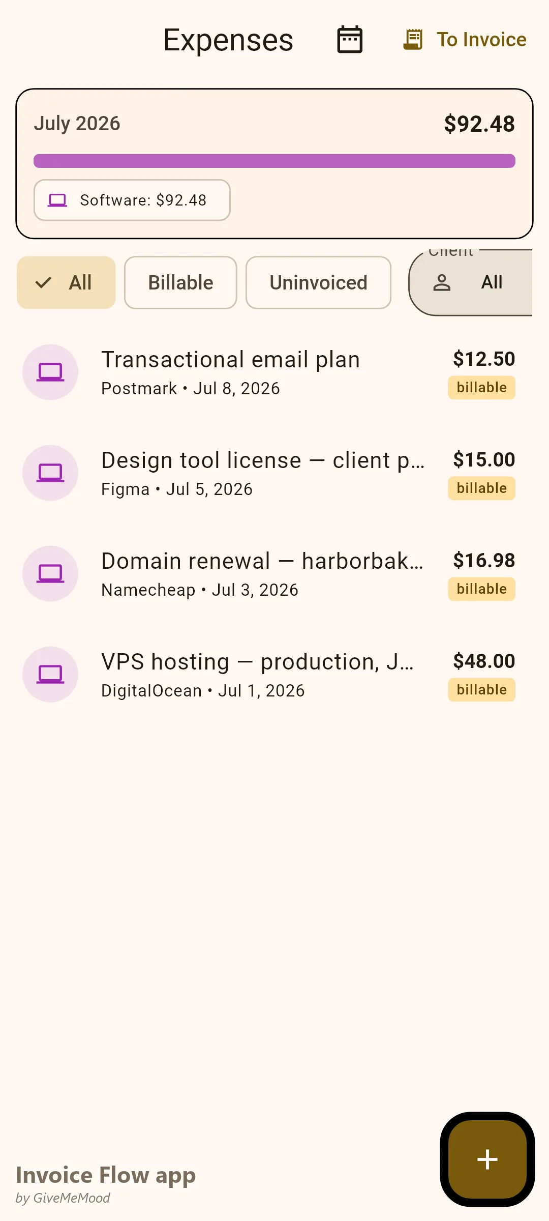 Invoice Flow app expense tracker with billable developer costs — VPS hosting, domain renewal, design tool license — tagged to clients
