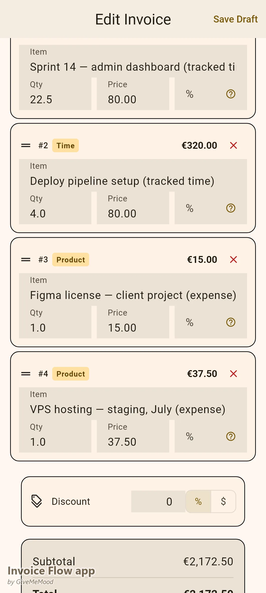 Invoice Flow app invoice editor mixing tracked development hours at an hourly rate with billable expenses on one invoice in EUR