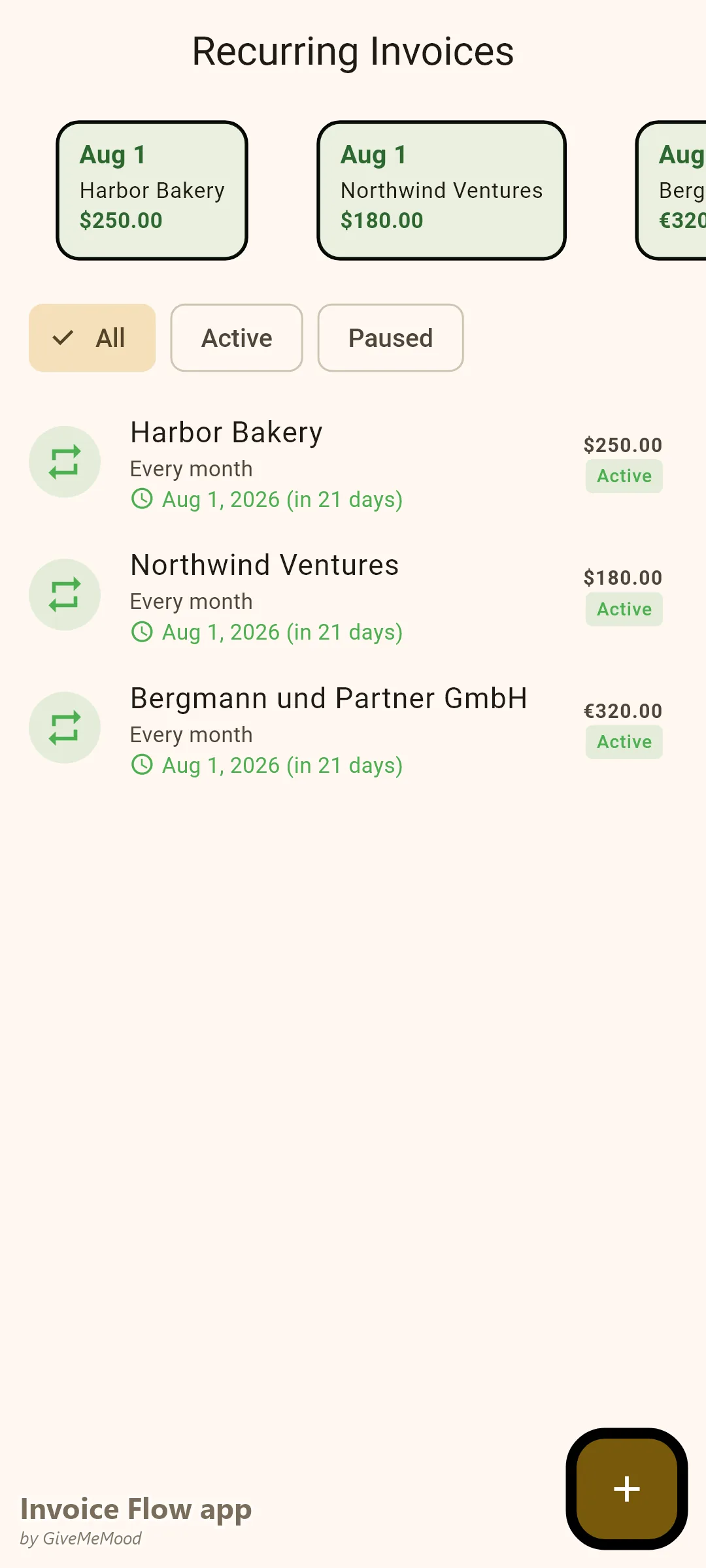 Invoice Flow app recurring invoices screen with three monthly maintenance retainers in USD and EUR, scheduled for the 1st of the month