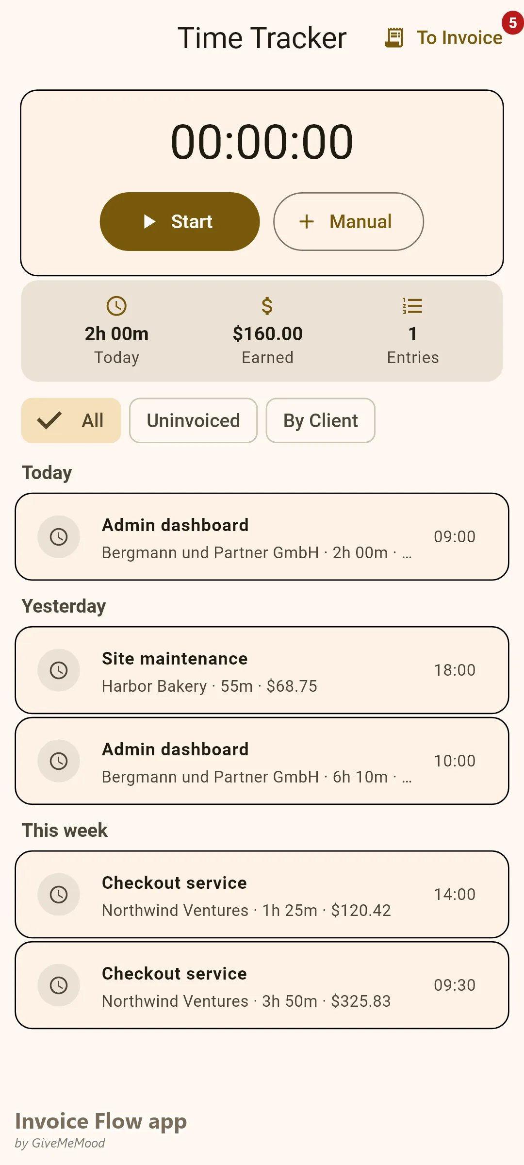 Invoice Flow app time tracker with coding sessions logged per client and project — hours and billable amounts ready to convert into invoice line items