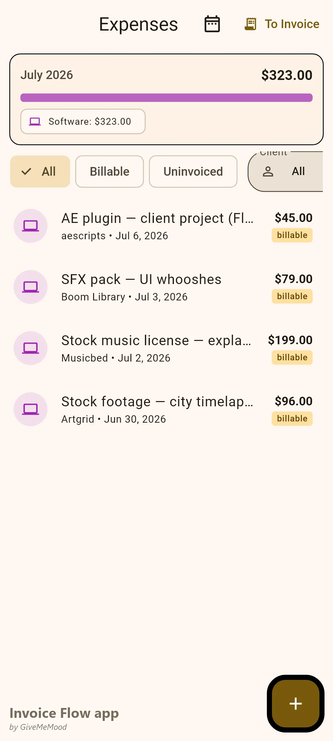 Invoice Flow app expense tracker of a motion designer — billable stock music license, SFX pack, After Effects plugin and stock footage