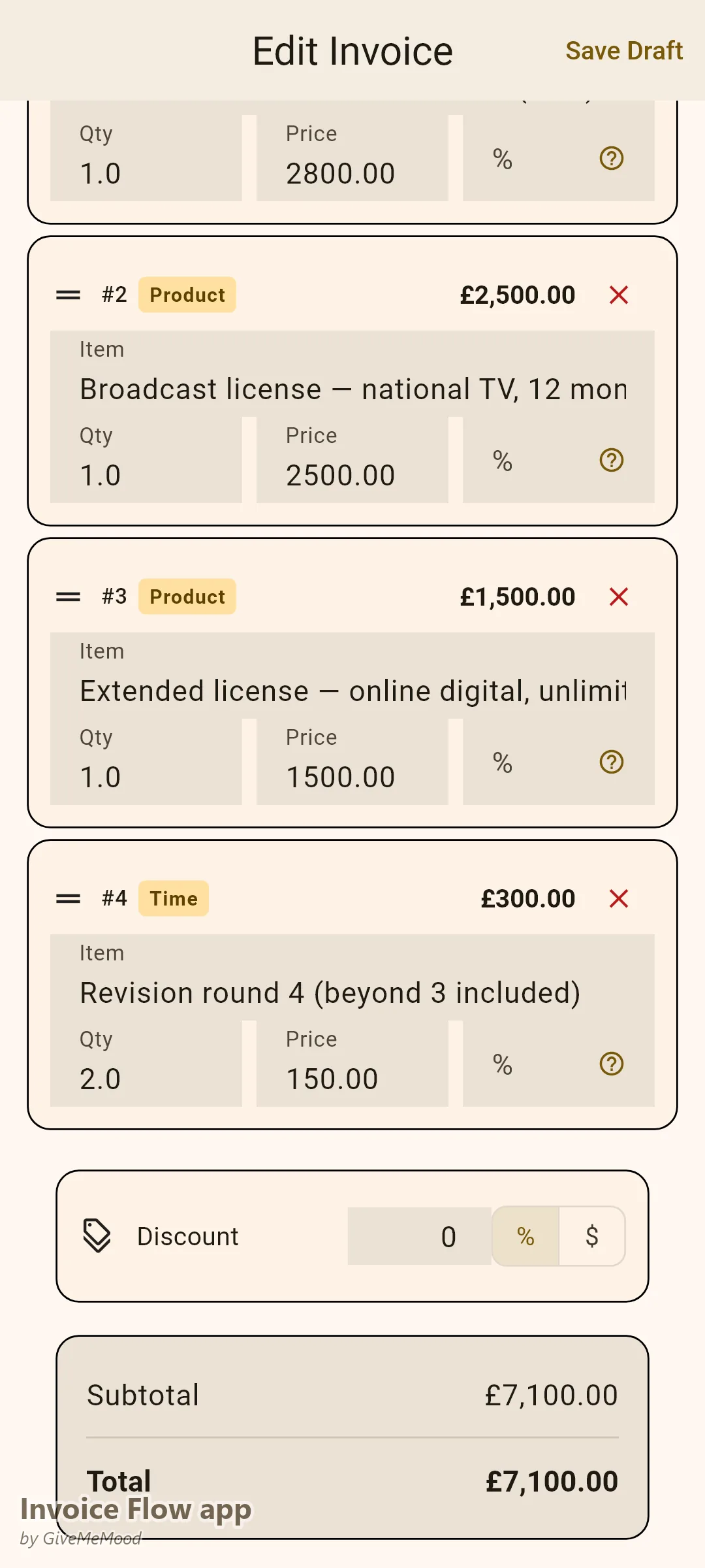 Invoice Flow app invoice editor of an animator — channel ident production, a 12-month national TV broadcast license, an unlimited digital license and a billed extra revision round
