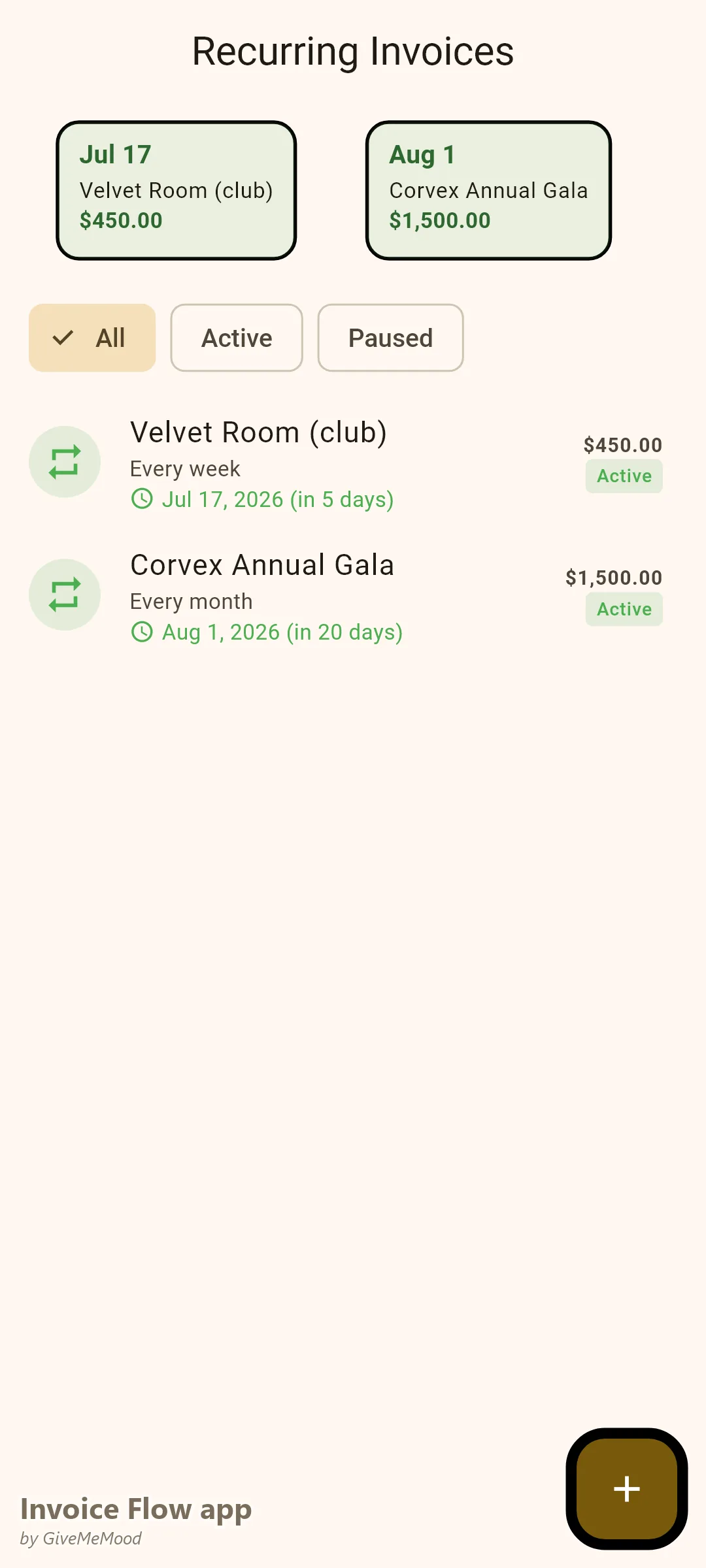 Invoice Flow app recurring invoices of a DJ — a weekly Friday club residency and a monthly corporate lounge series generating automatically