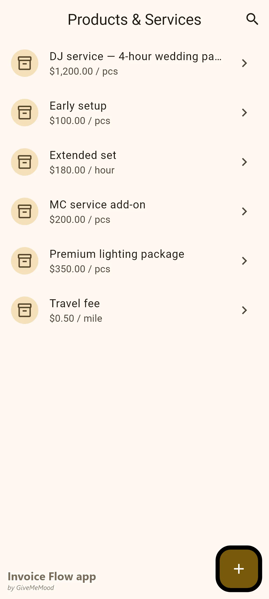 Invoice Flow app products screen of a DJ — wedding packages, lighting, MC add-on, per-mile travel fee, early setup and extended-set hourly rate