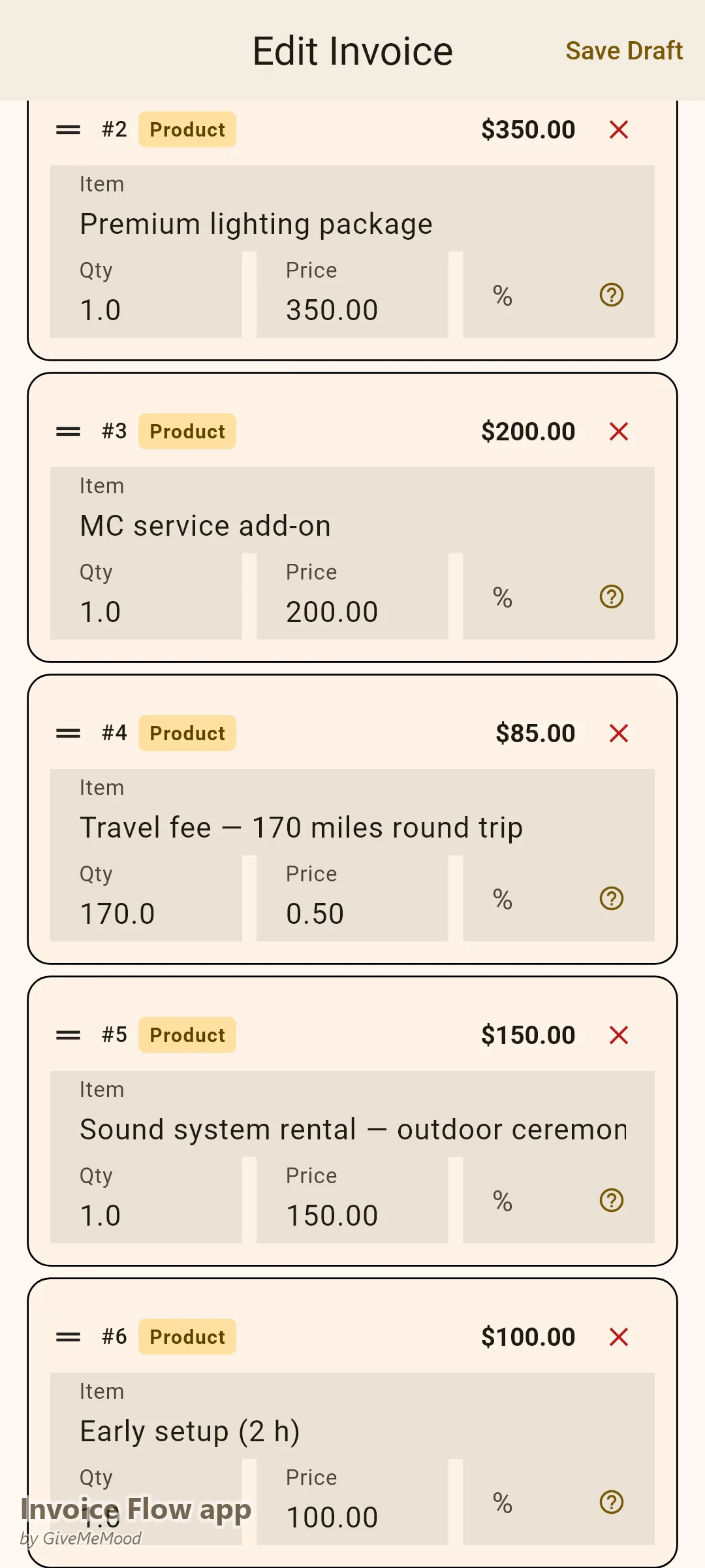 Invoice Flow app invoice editor of a DJ — 4-hour wedding package, premium lighting, MC service, mileage travel fee, equipment rental and early setup with deposit recorded