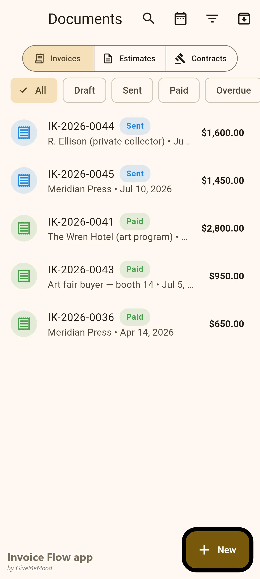 Invoice Flow app invoice list of a fine artist — paid commission deposit, sent final-delivery invoice, a hotel art program sale, an art fair receipt and licensing income