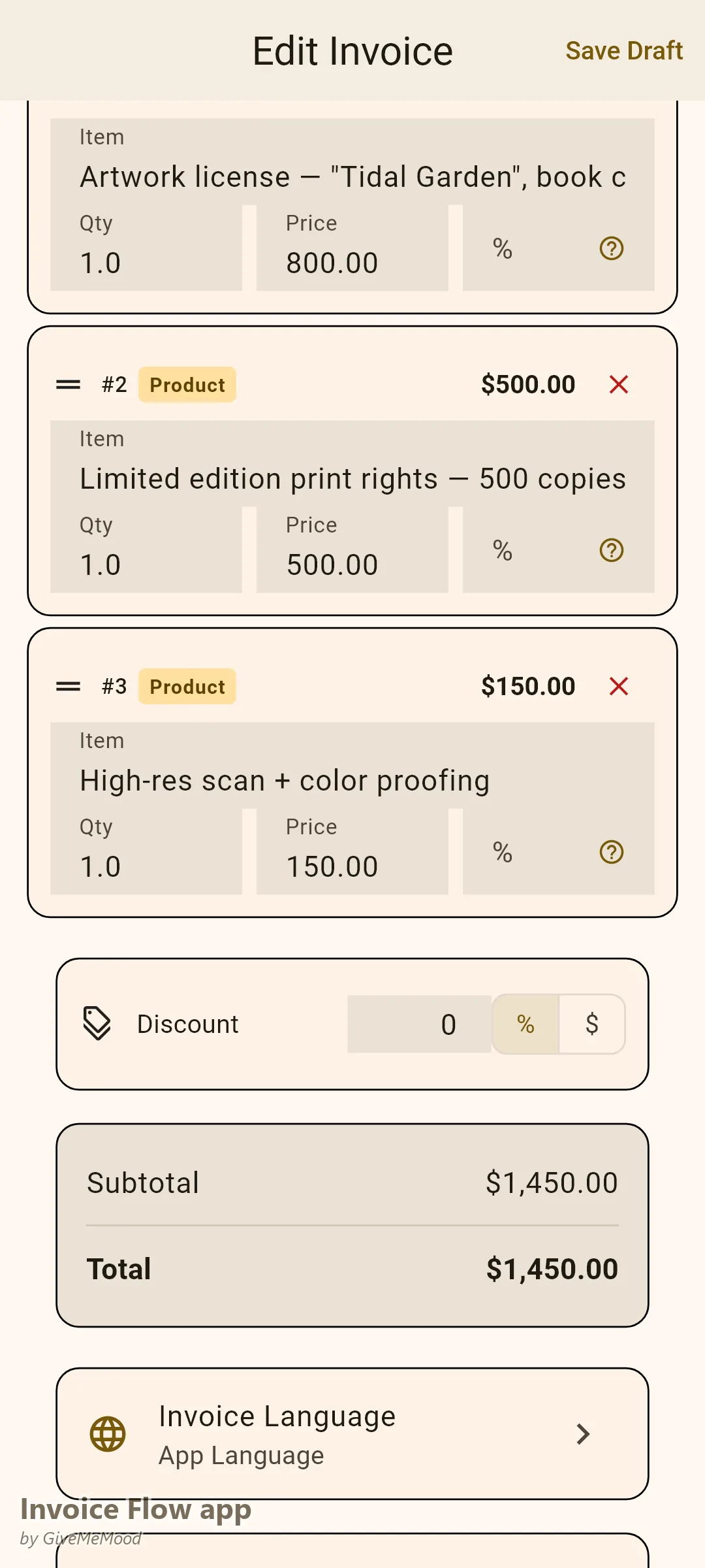 Invoice Flow app invoice editor of a fine artist — a book cover license, limited edition print rights for 500 copies over 2 years and proofing fees