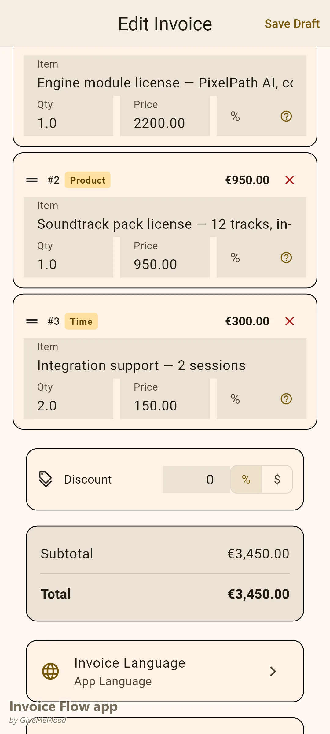 Invoice Flow app invoice editor of a game developer — commercial engine-module license, 12-track soundtrack license and integration support hours in EUR