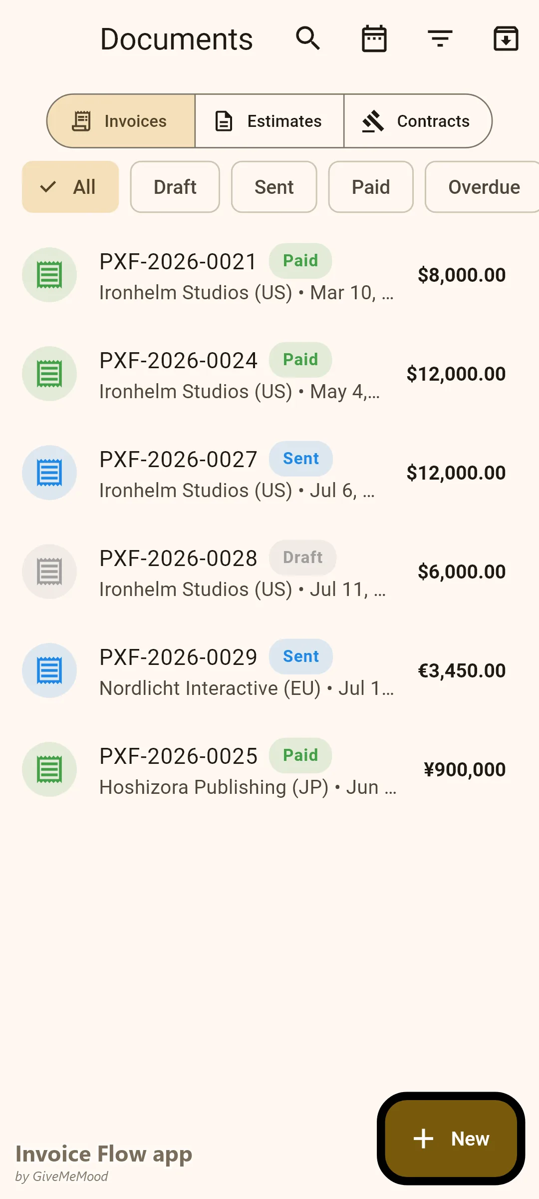 Invoice Flow app invoice list of an indie game studio — paid vertical slice and alpha milestones, beta invoice sent, gold master drafted and a JPY publisher payment