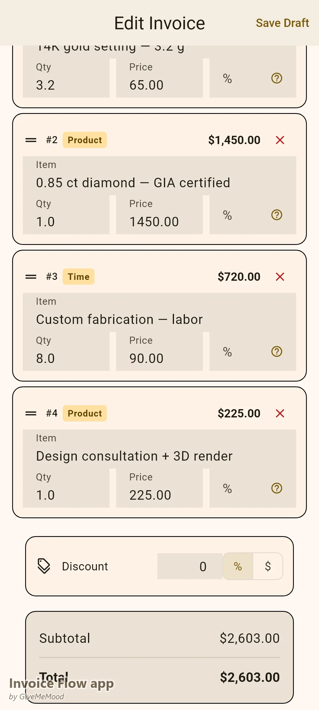 Invoice Flow app invoice editor for a custom engagement ring — 14K gold per gram, a GIA-certified diamond, fabrication labor by the hour and design consultation with deposit recorded